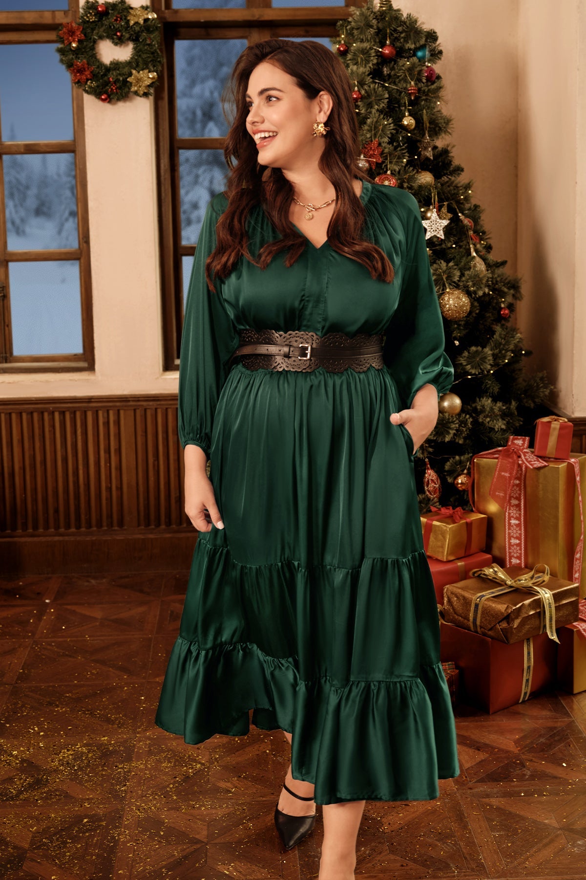 Satin Notch Neck Pocket Tiered Maxi Dress