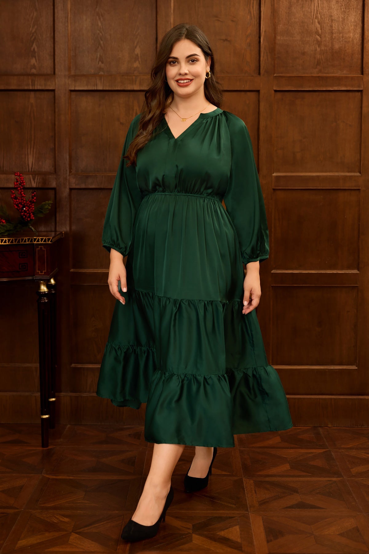 Satin Notch Neck Pocket Tiered Maxi Dress