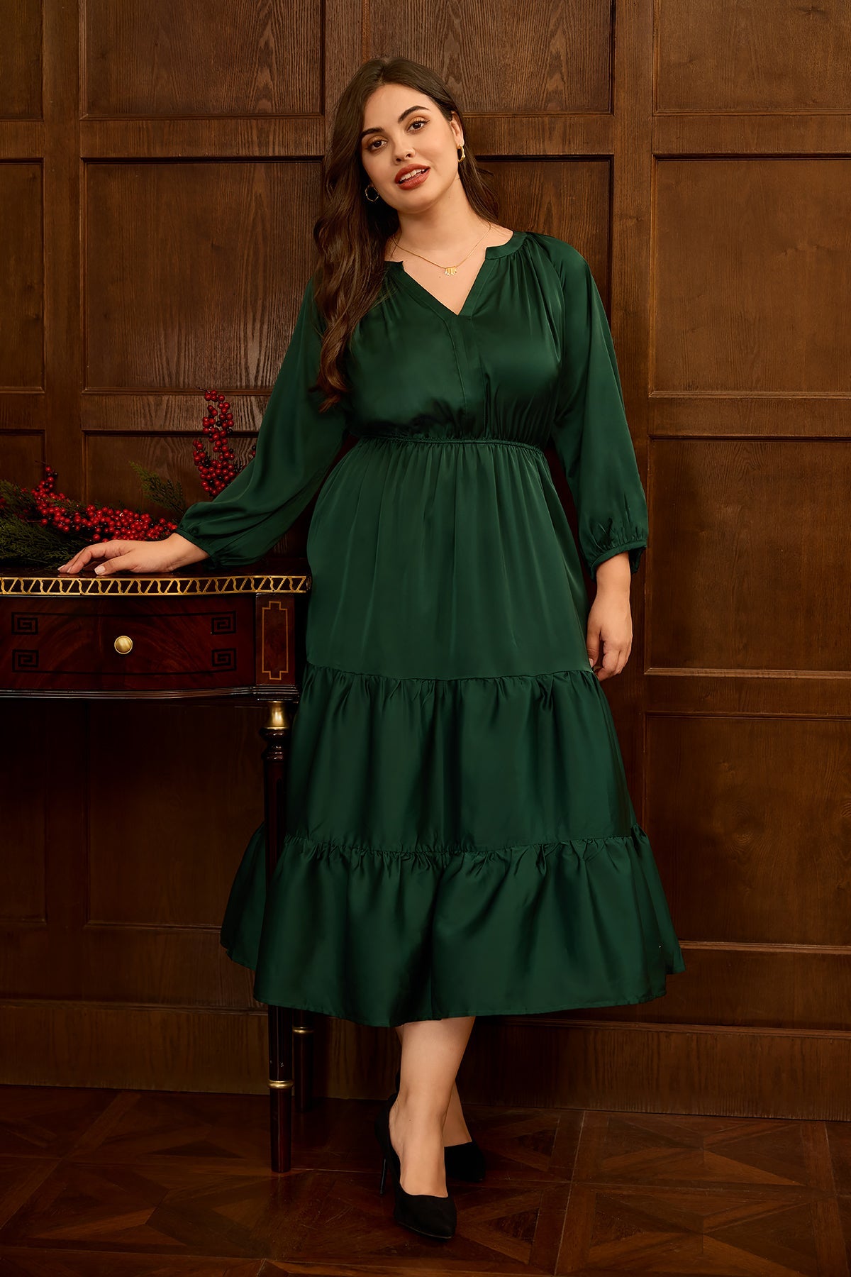 Satin Notch Neck Pocket Tiered Maxi Dress