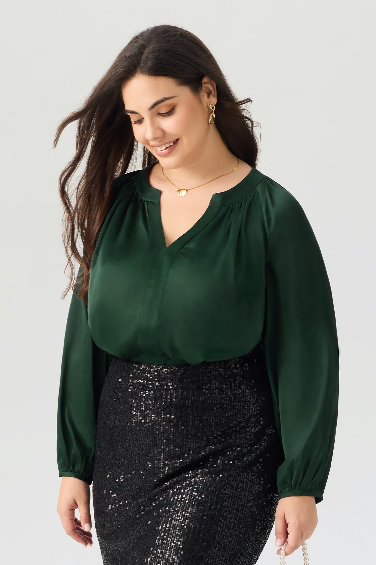 Emerald Green Satin V-Neck Puff Sleeve Blouse