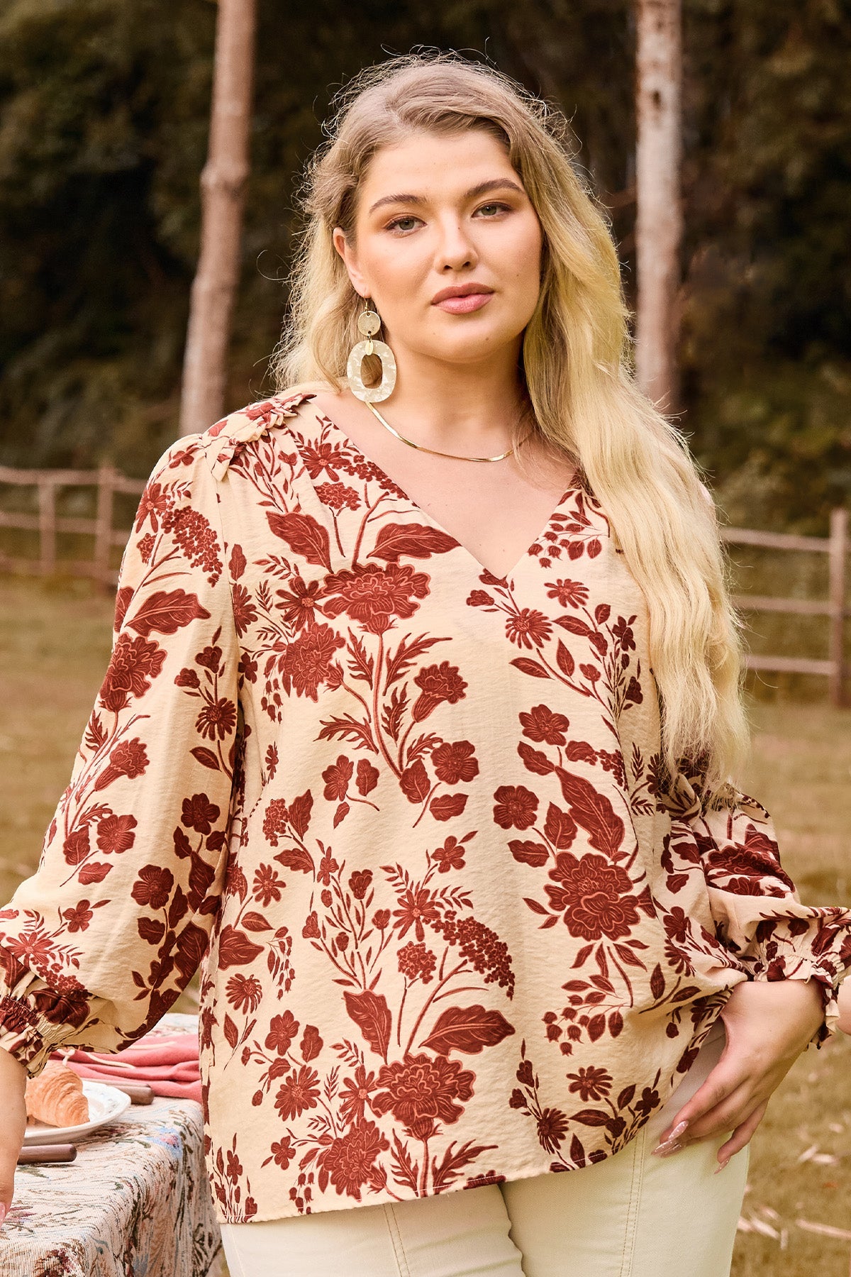 Floral Print Ruffled V-Neckline Long Sleeve Blouse