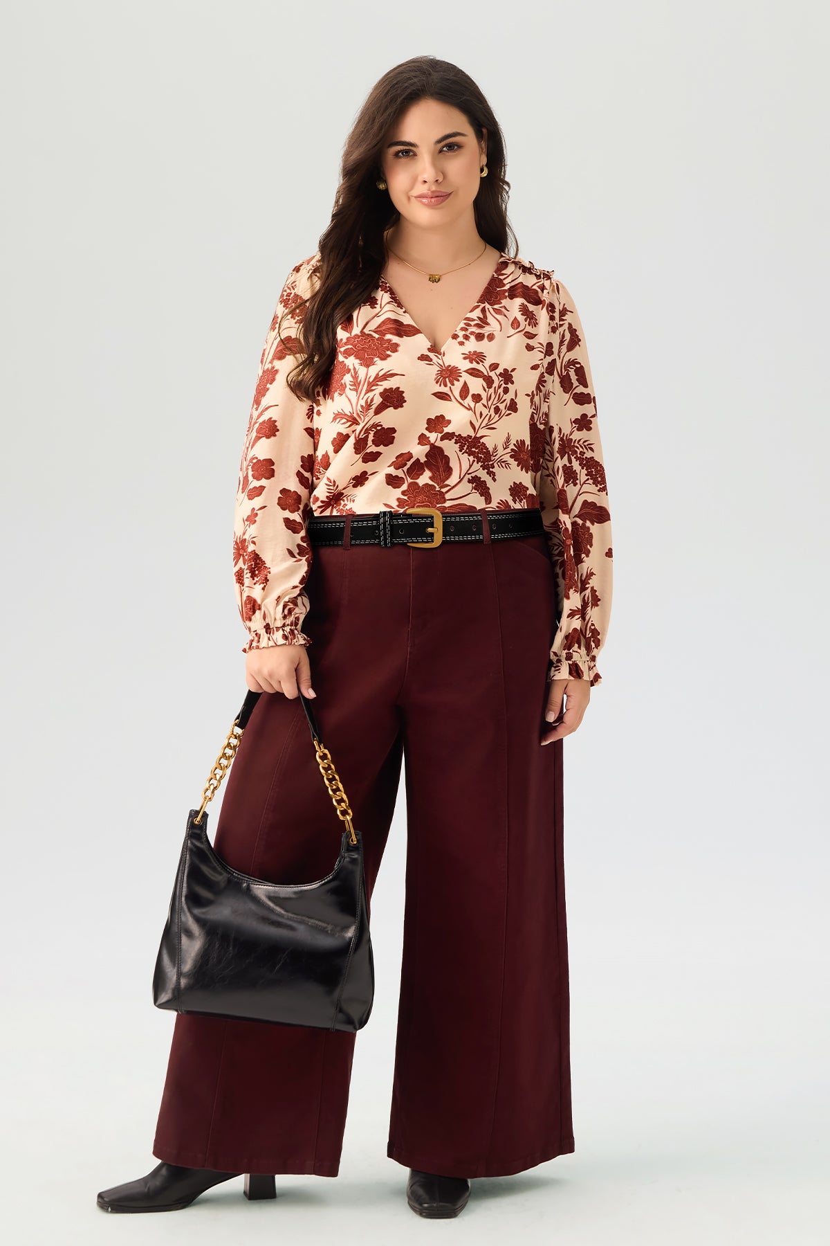 Floral Print Ruffled V-Neckline Long Sleeve Blouse