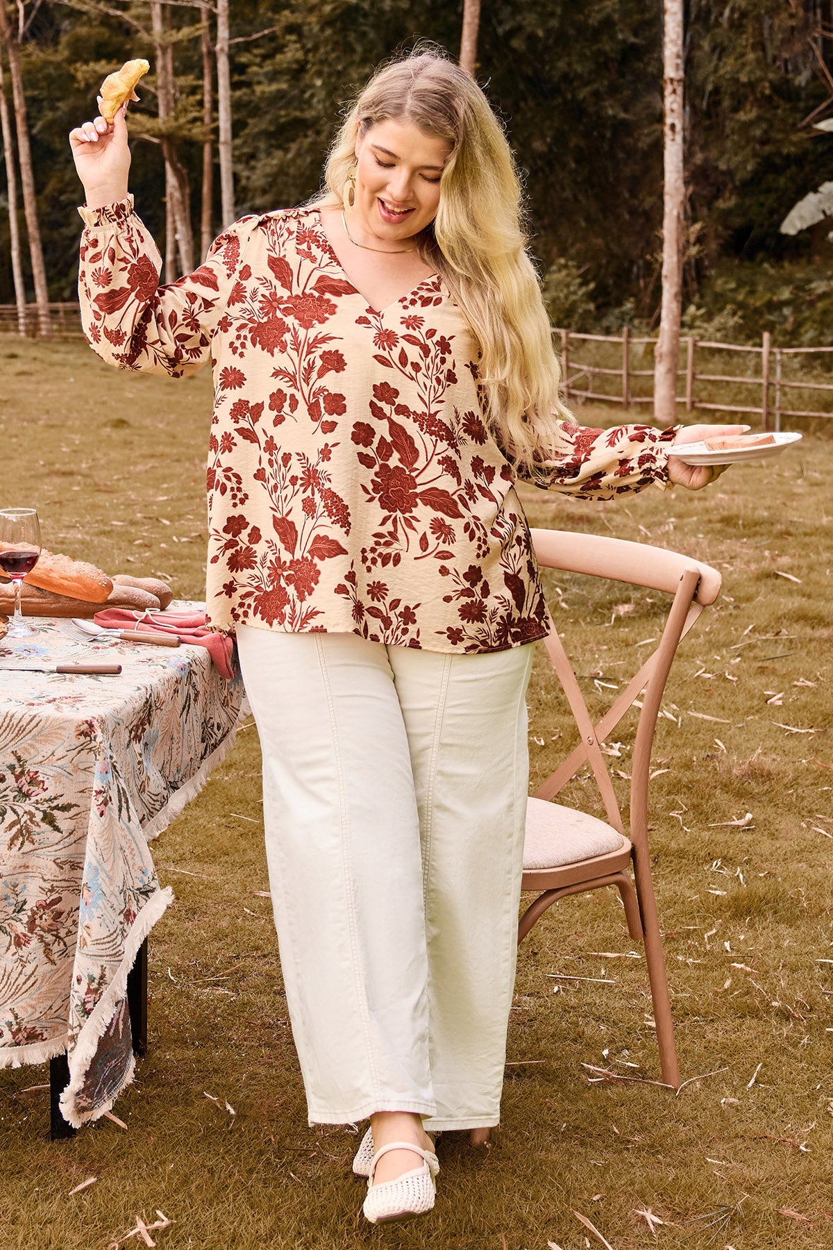 Floral Print Ruffled V-Neckline Long Sleeve Blouse