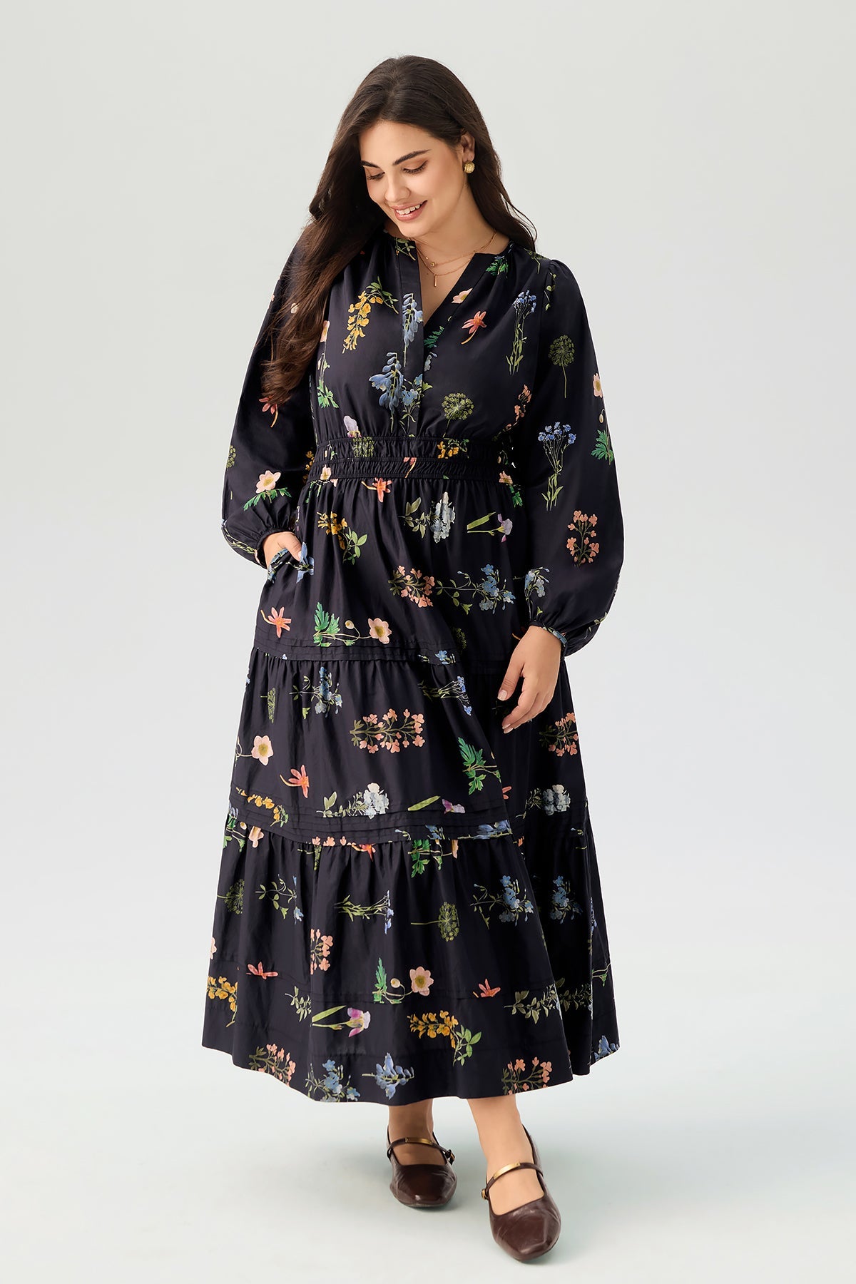 Floral Print Long Sleeve Smocked Waist Pocket Tiered Maxi Dress