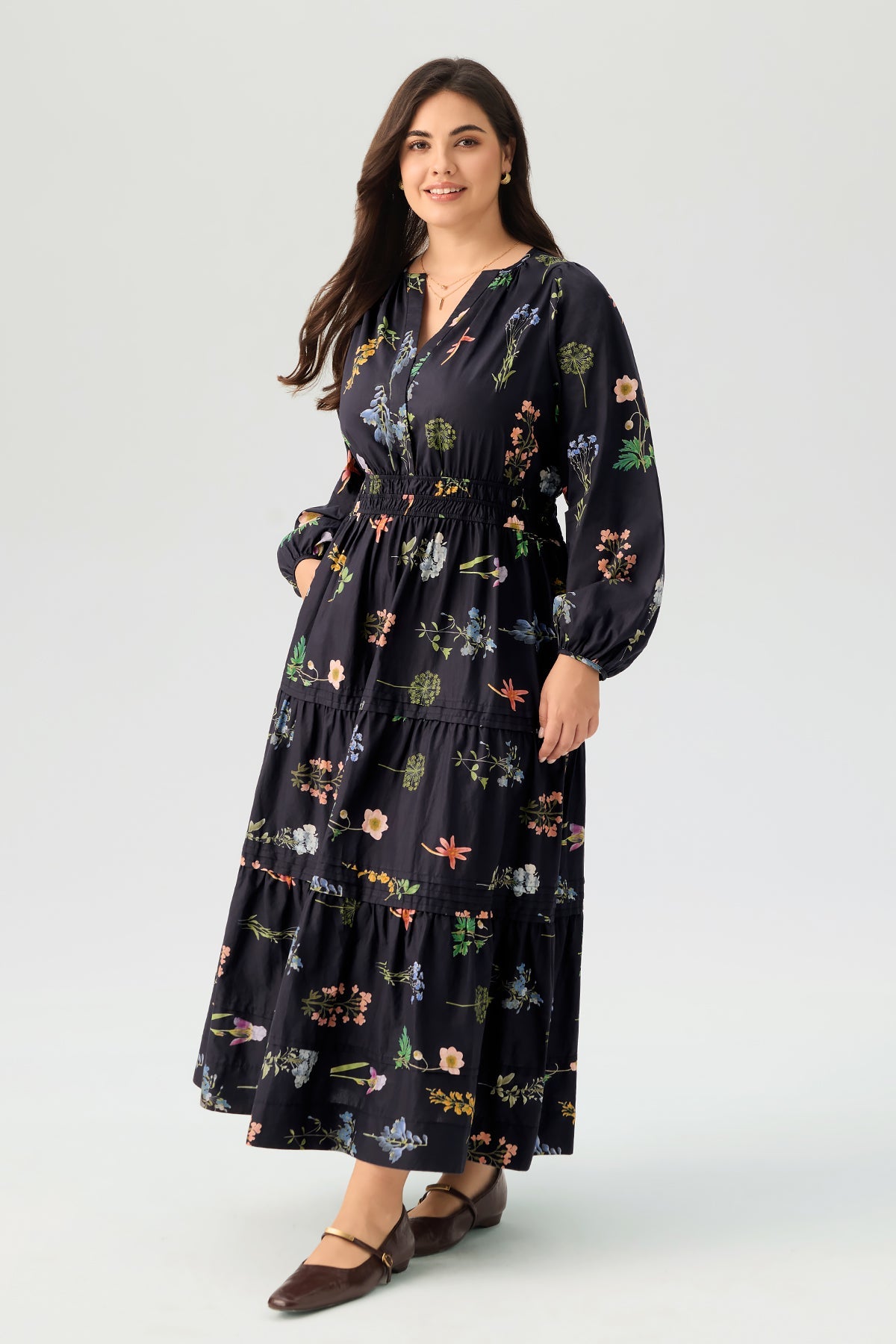 Floral Print Long Sleeve Smocked Waist Pocket Tiered Maxi Dress