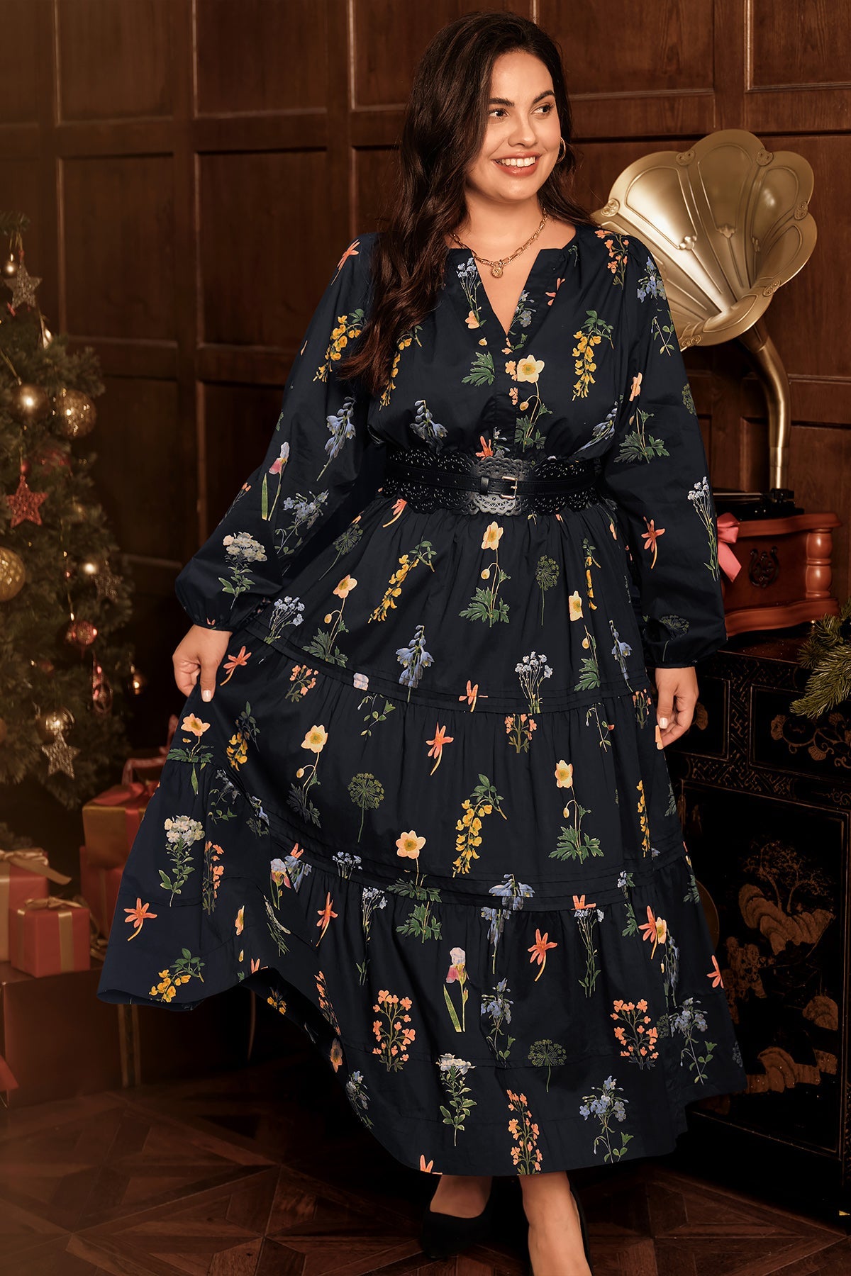 Floral Print Long Sleeve Smocked Waist Pocket Tiered Maxi Dress