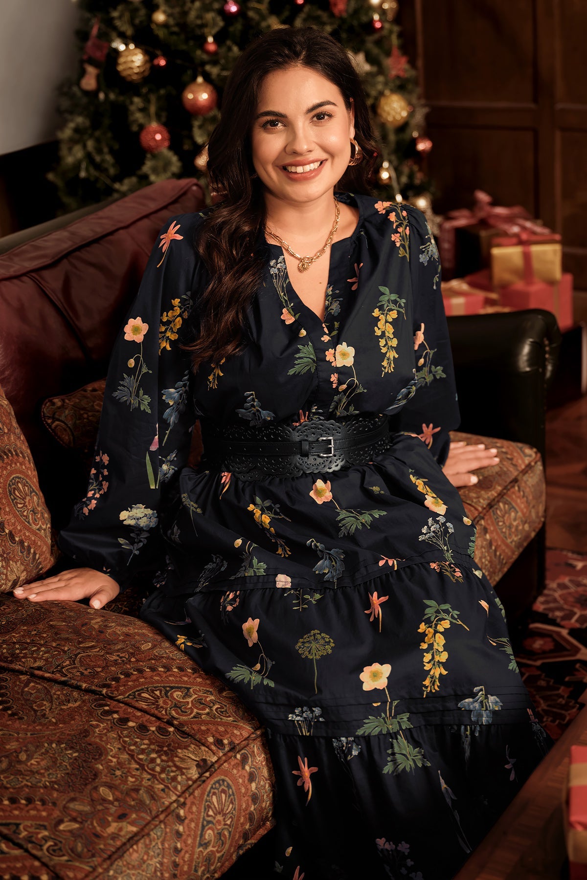 Floral Print Long Sleeve Smocked Waist Pocket Tiered Maxi Dress