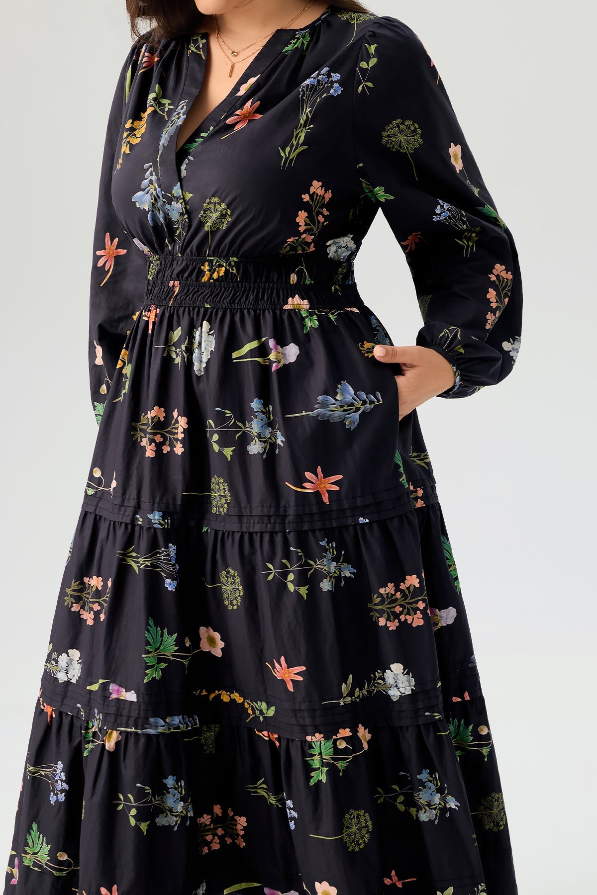 Floral Print Long Sleeve Smocked Waist Pocket Tiered Maxi Dress