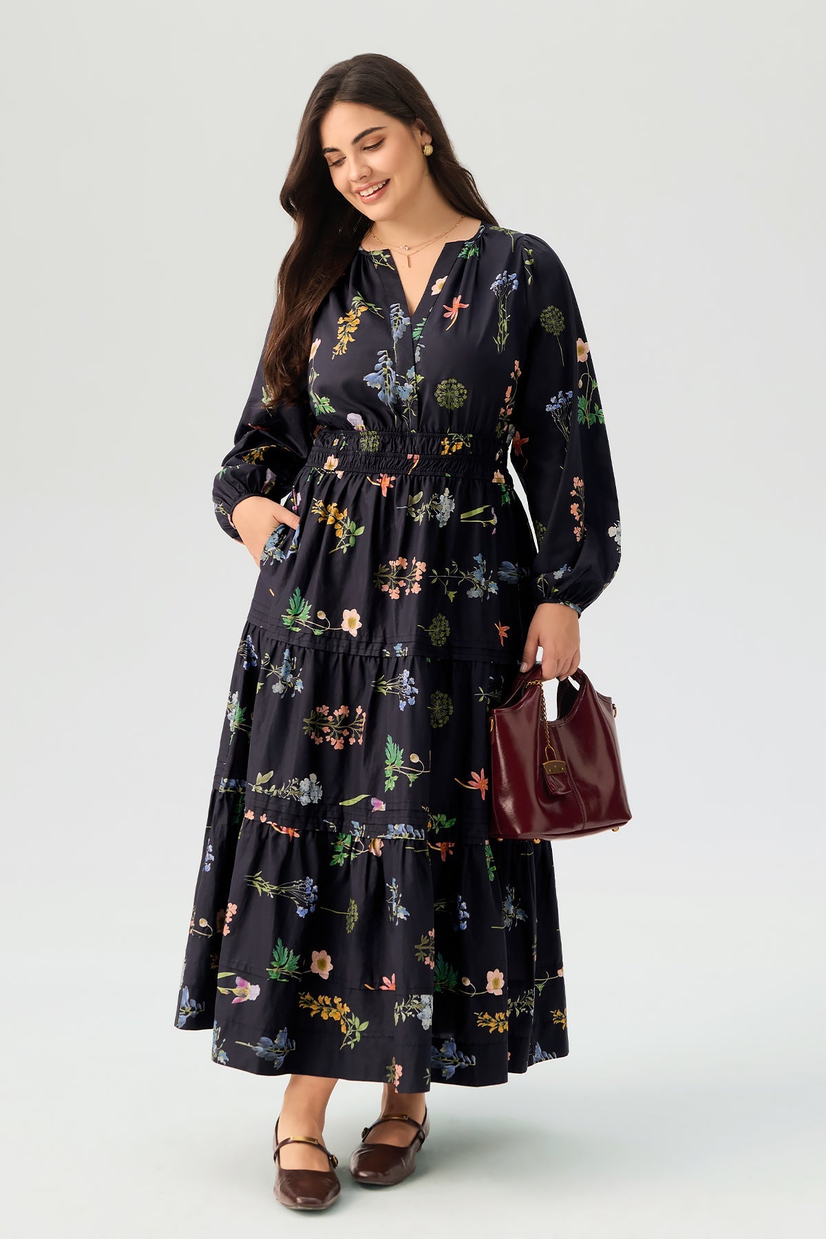 Floral Print Long Sleeve Smocked Waist Pocket Tiered Maxi Dress