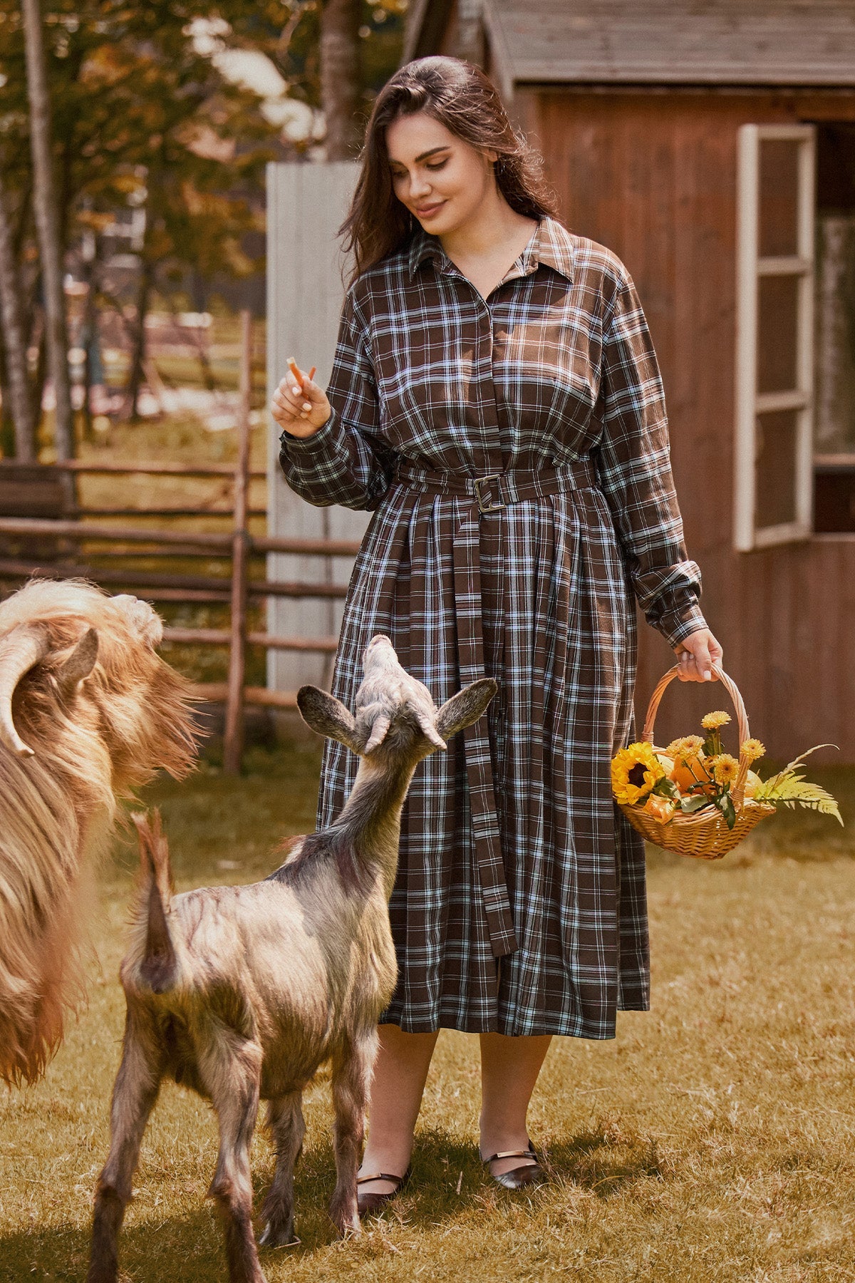Plaid Print Belted Midi Dress with Pockets