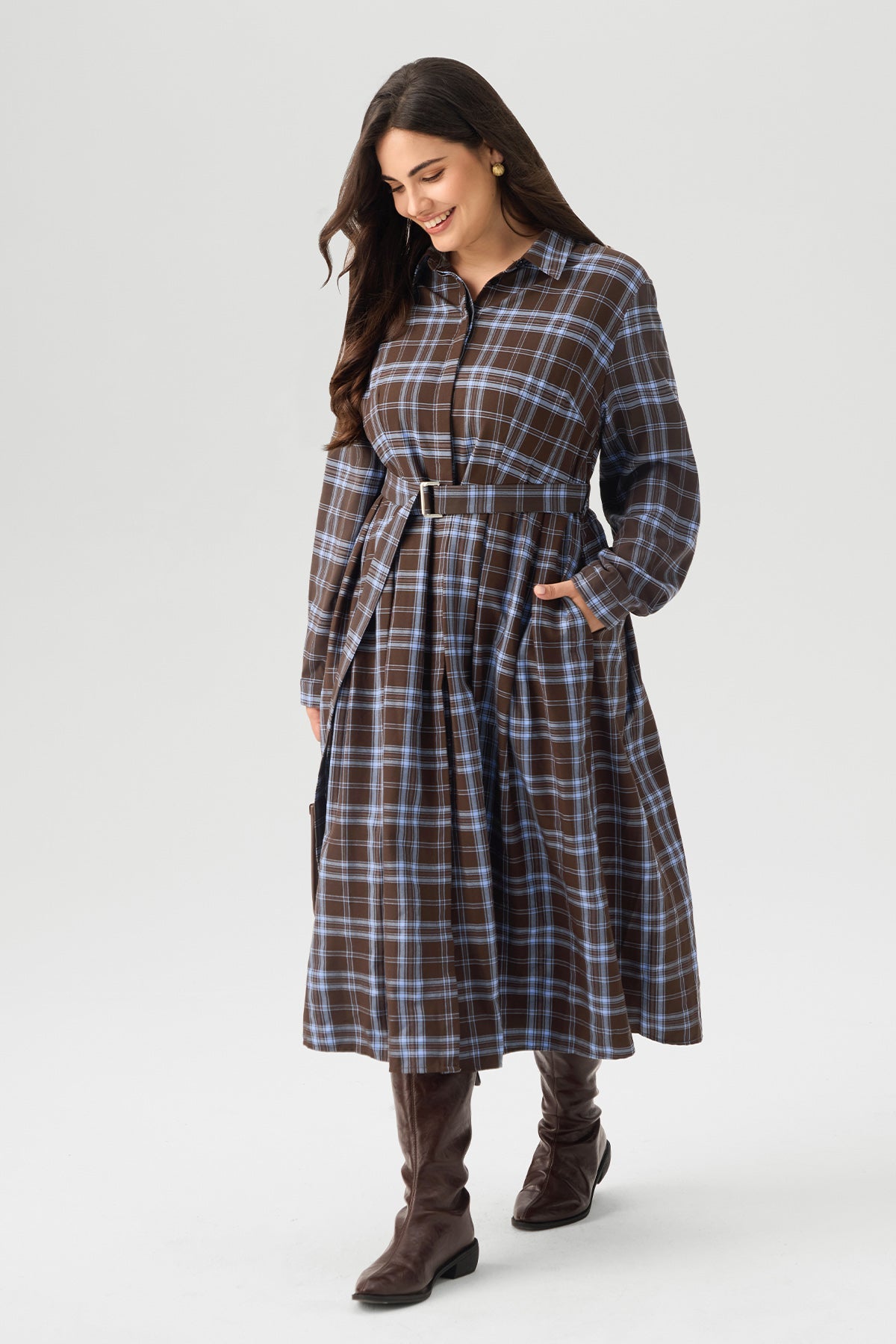 Plaid Print Belted Midi Dress with Pockets