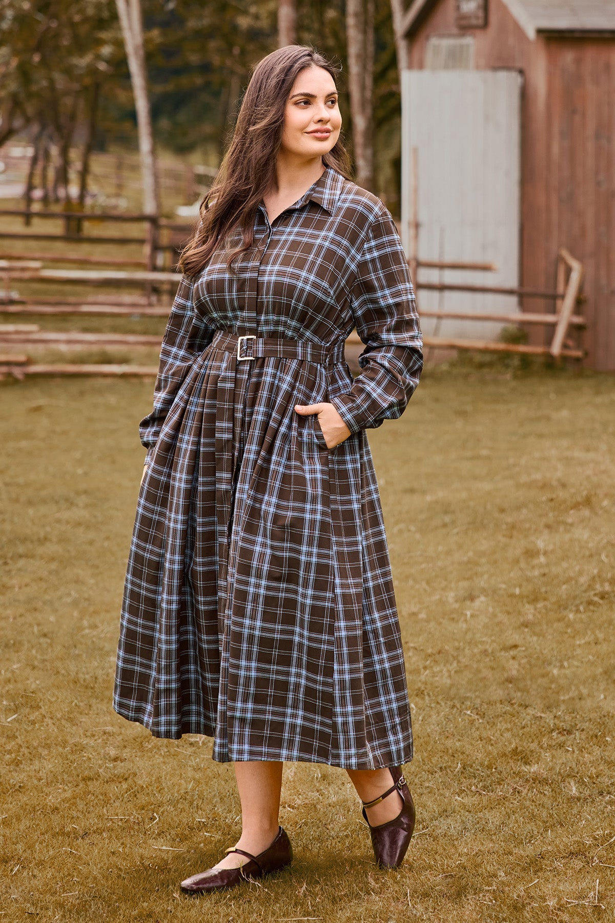 Plaid Print Belted Midi Dress with Pockets