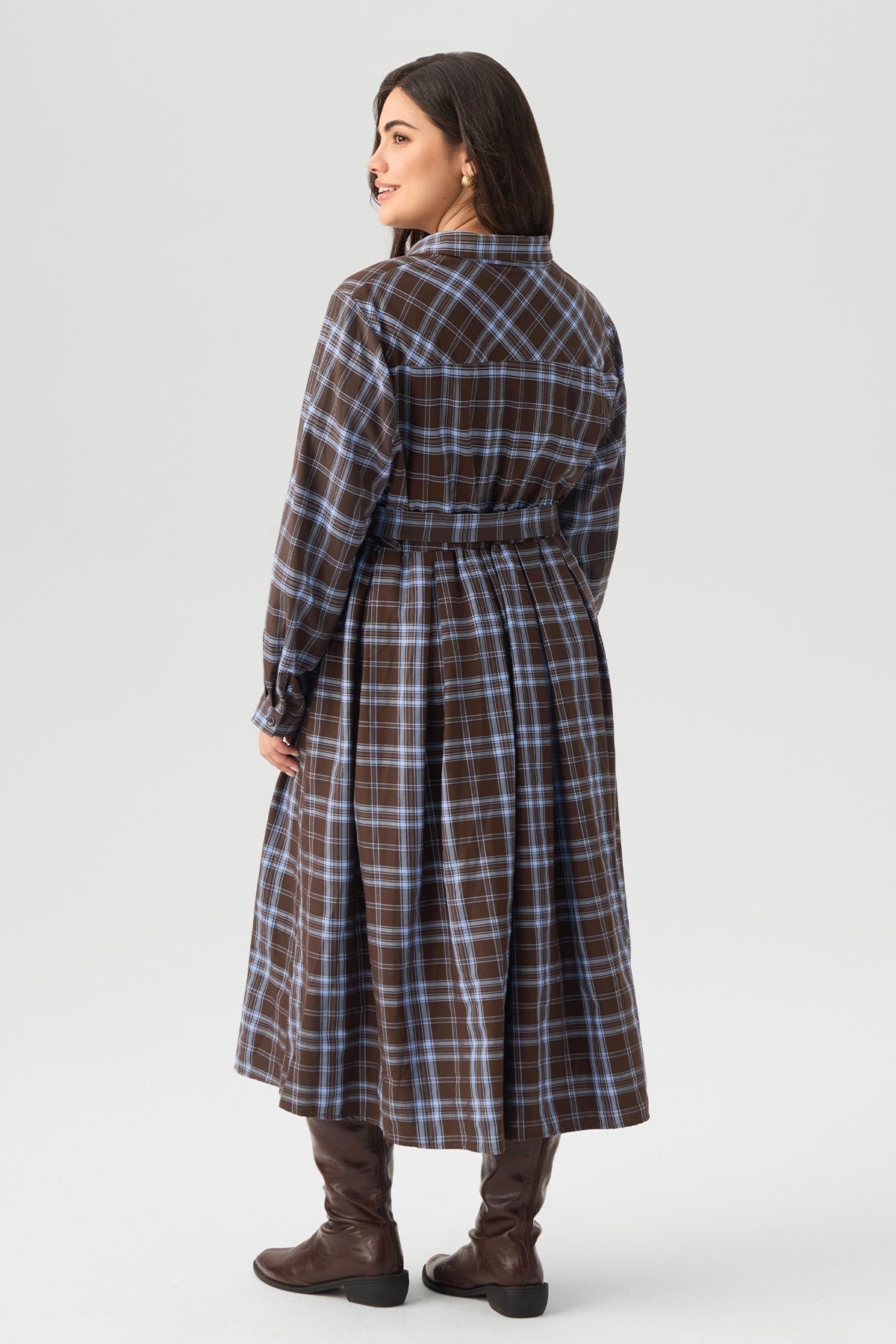 Plaid Print Belted Midi Dress with Pockets