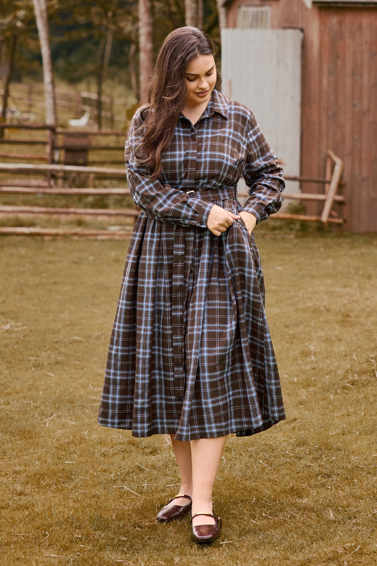 Plaid Print Belted Midi Dress with Pockets