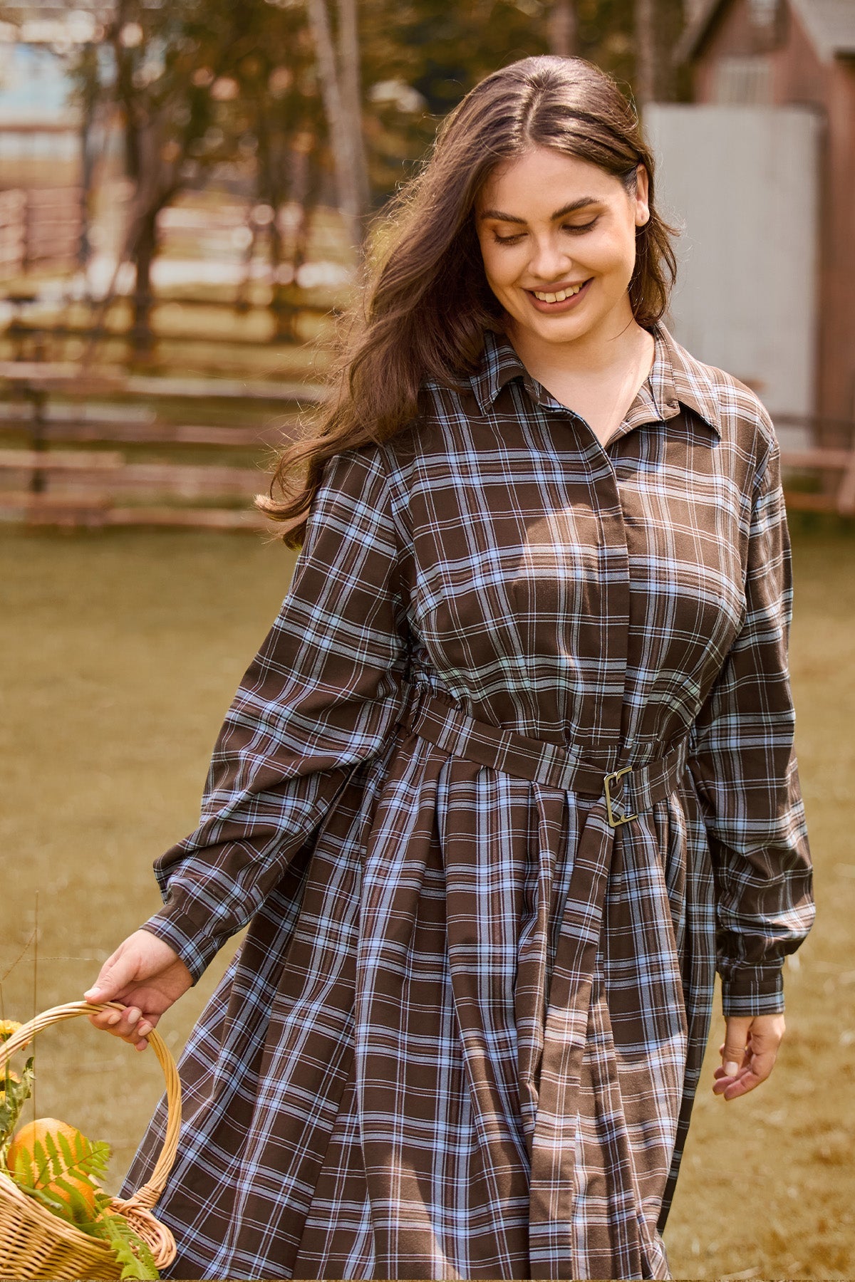 Plaid Print Belted Midi Dress with Pockets