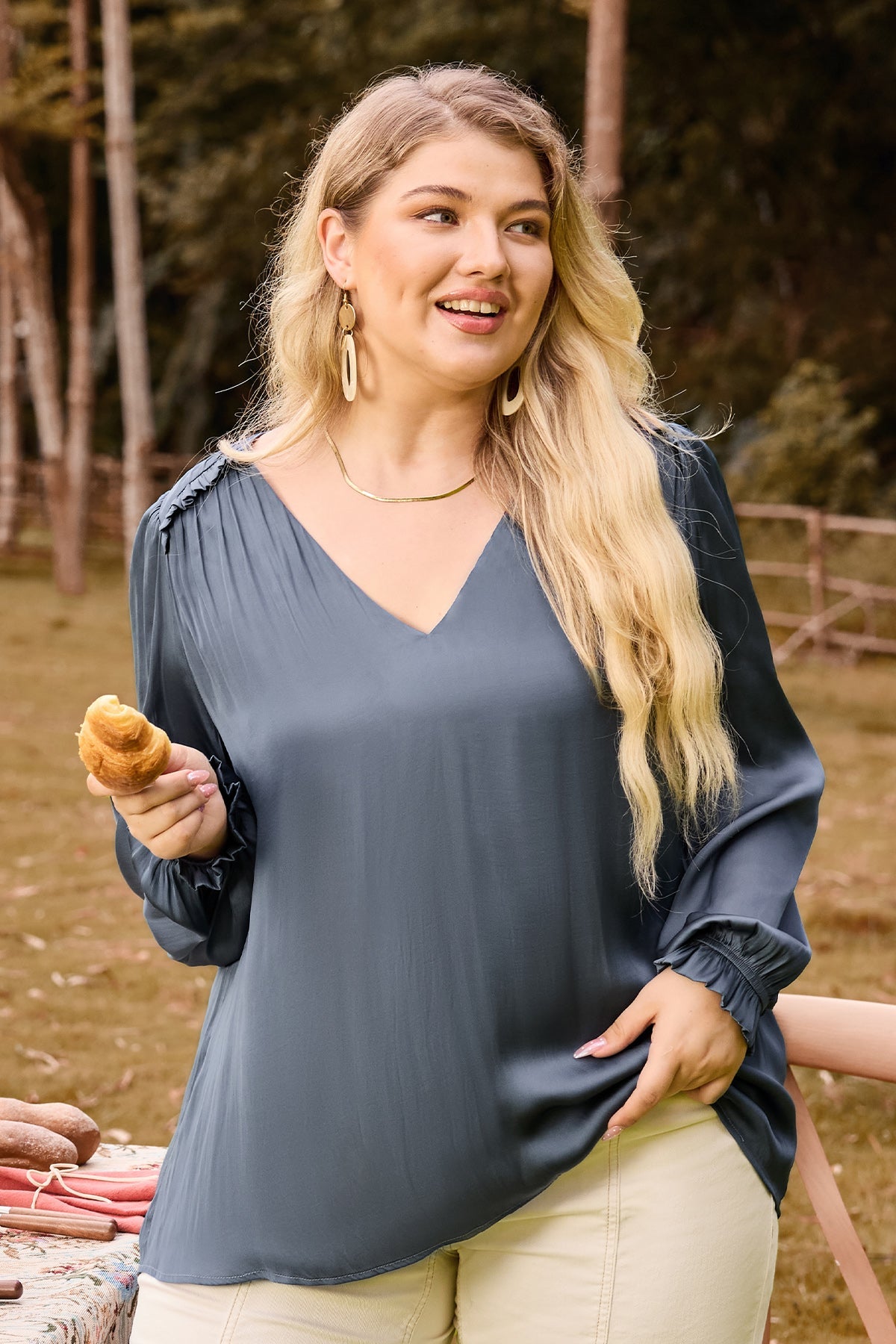 V-Neck Ruffled Long Sleeve Blouse