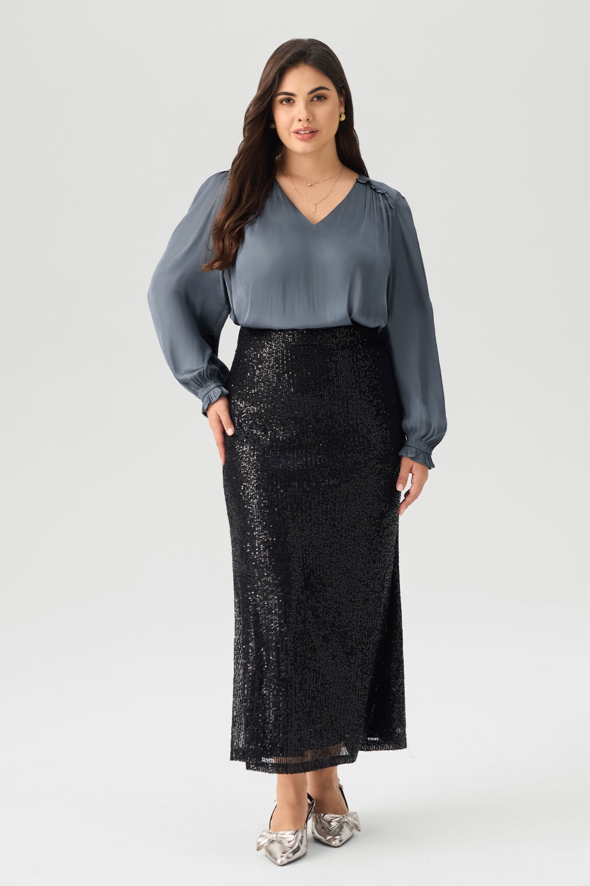 V-Neck Ruffled Long Sleeve Blouse