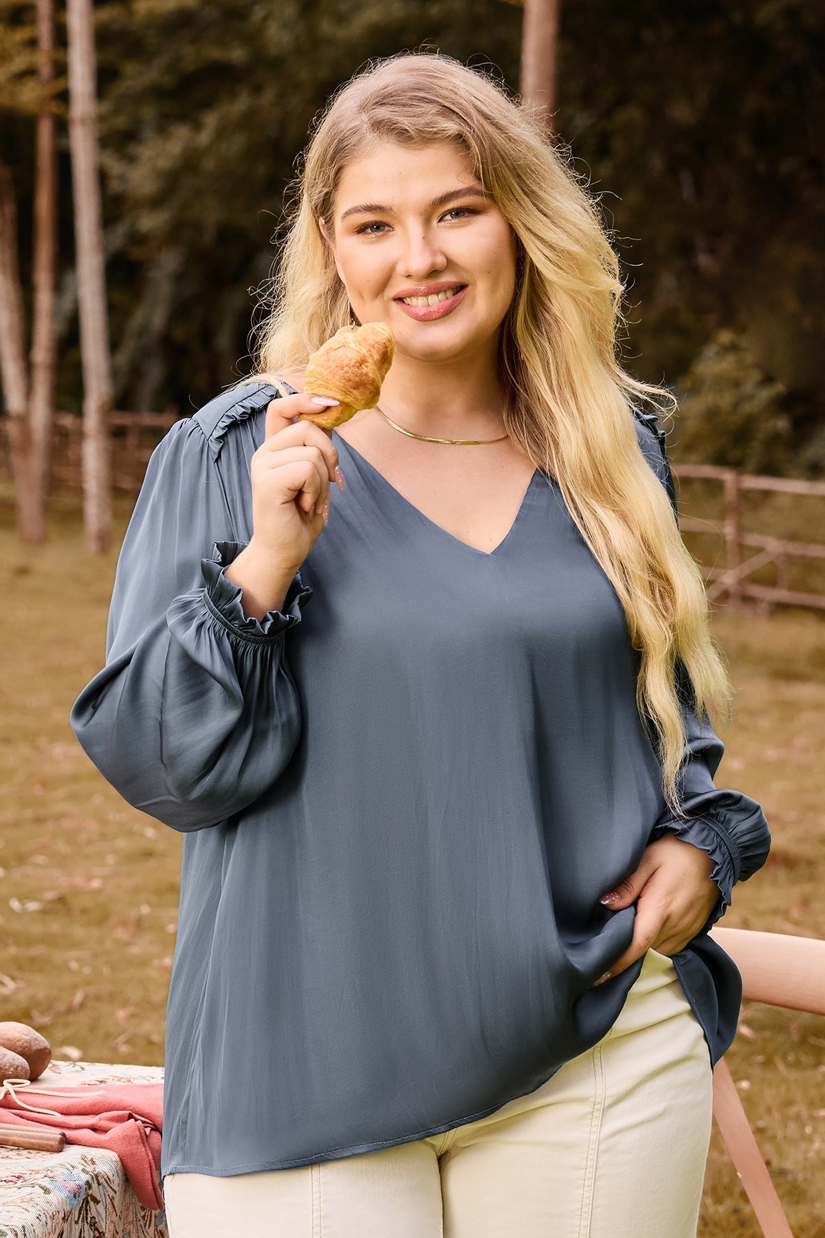 V-Neck Ruffled Long Sleeve Blouse