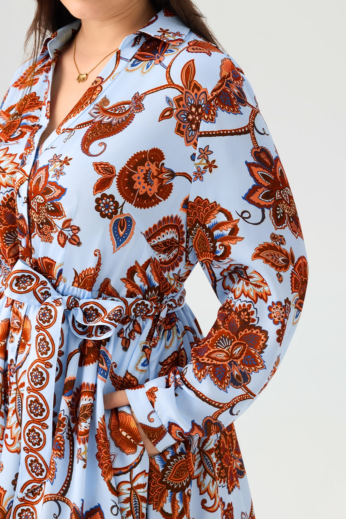 Floral Print Shirt Collar Belted Long Sleeve Split Hem Maxi Dress