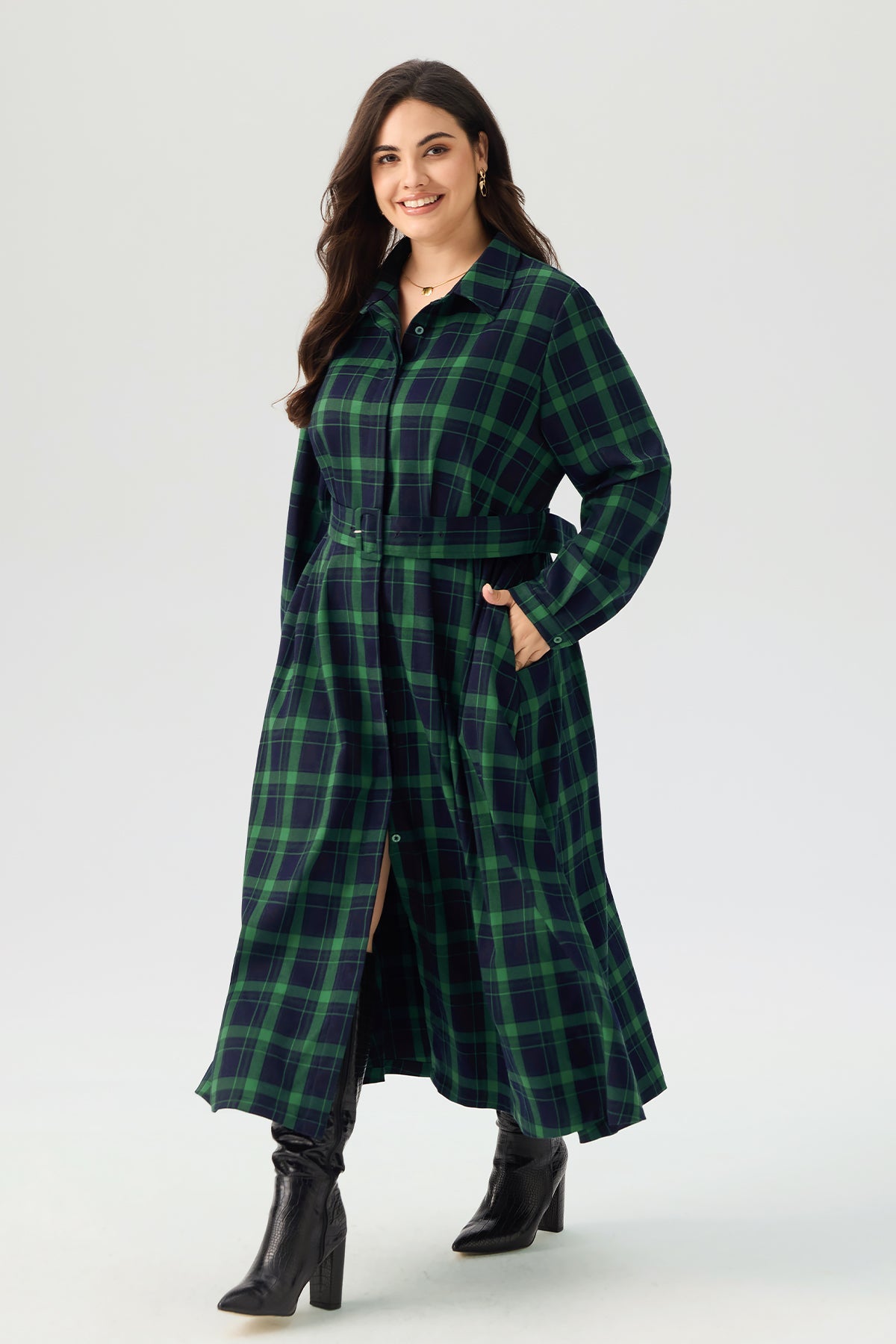 Plaid Belted Long Sleeve Maxi Dress