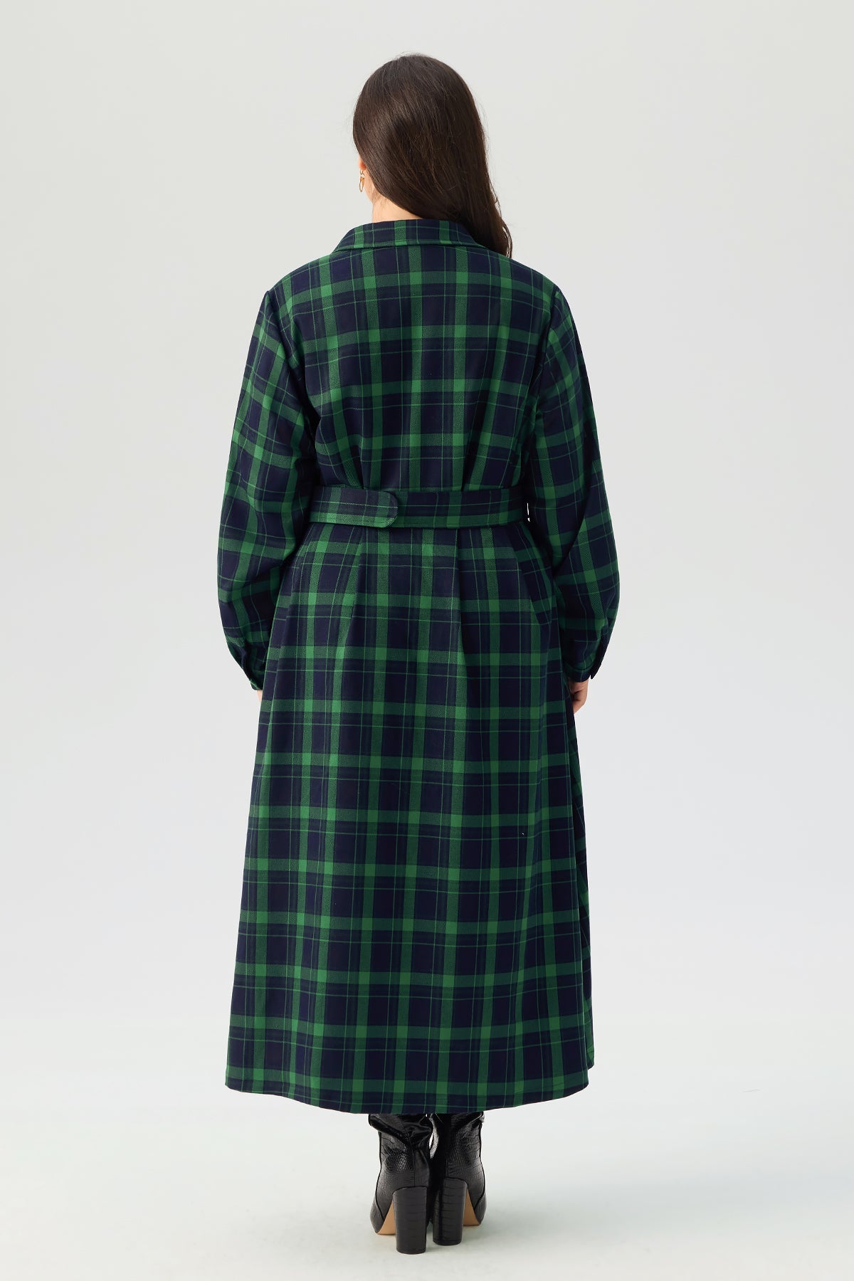 Plaid Belted Long Sleeve Maxi Dress