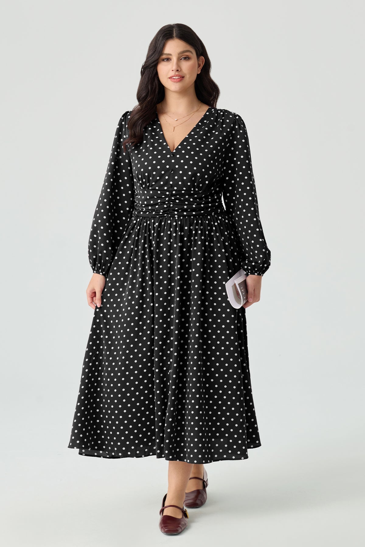 Ritera Pockets Polka Dot V-Neck Smocked Waist Midi Dress