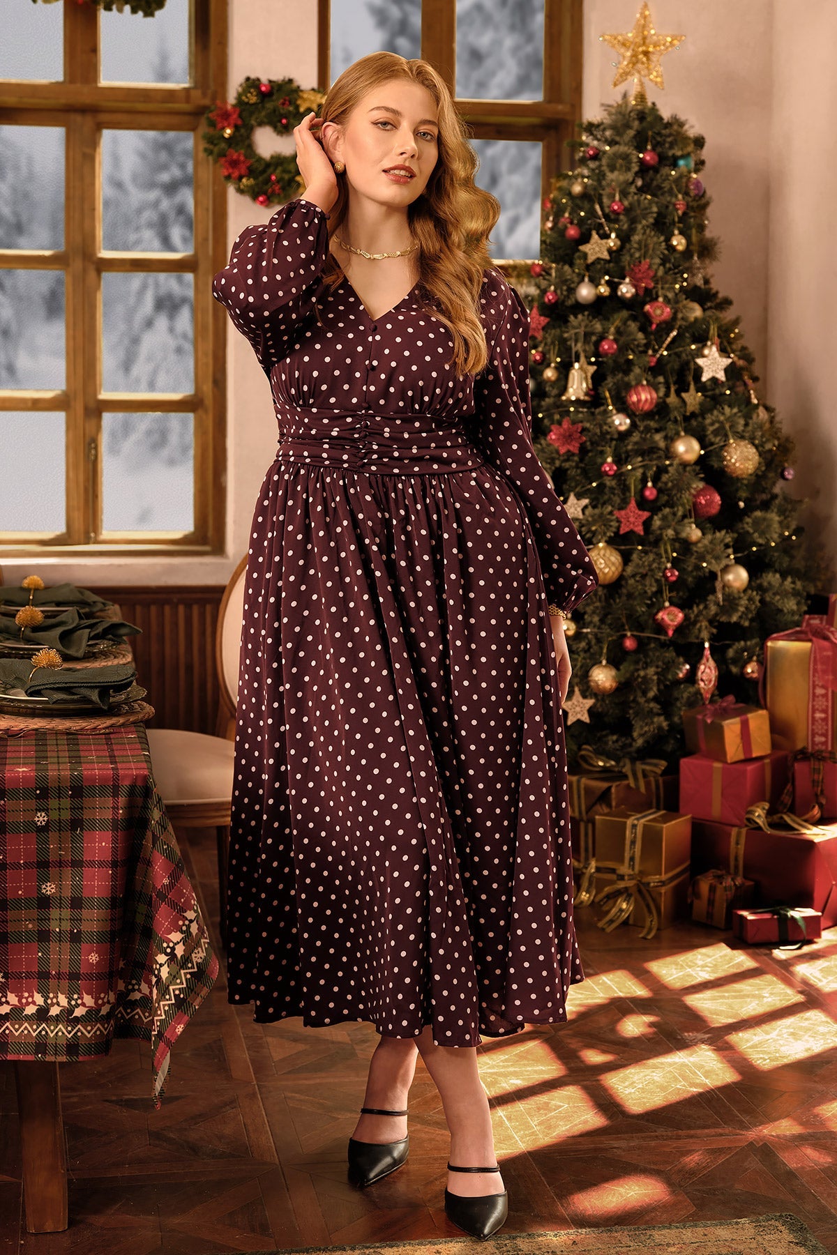 Ritera Pockets Polka Dot V-Neck Smocked Waist Midi Dress