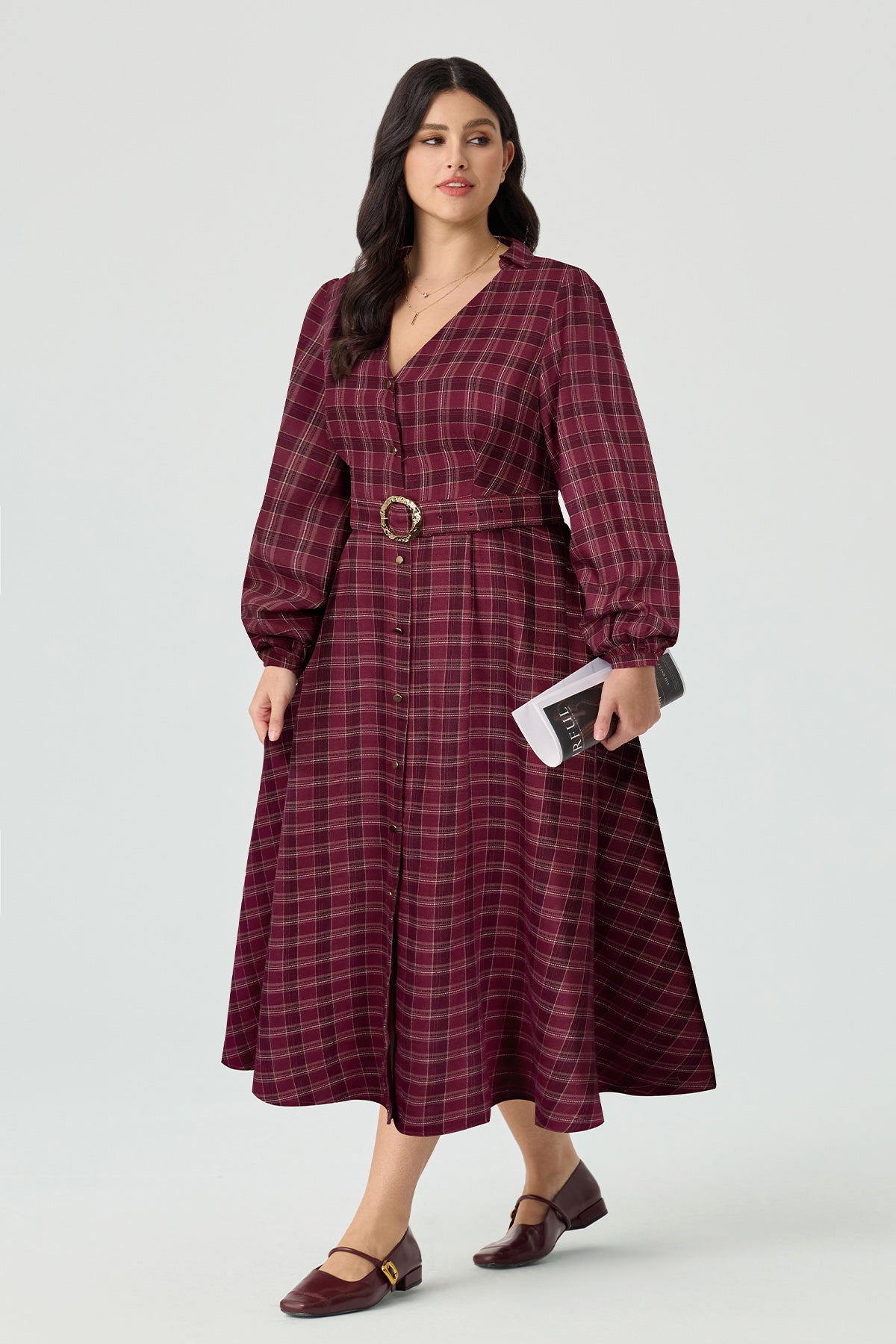 Plum Cotton Gold Buckle Belted Shirt Maxi Dress