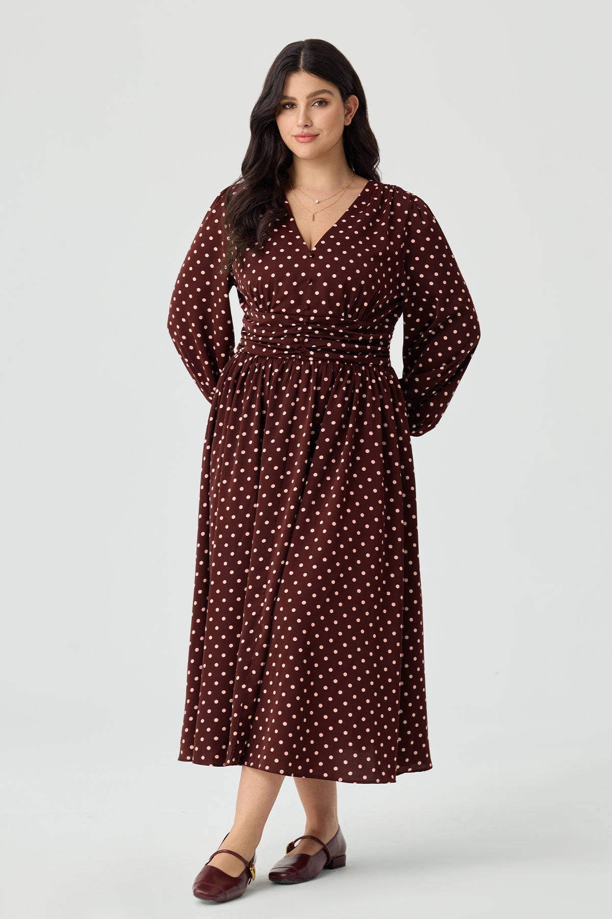 Ritera Pockets Polka Dot V-Neck Smocked Waist Midi Dress