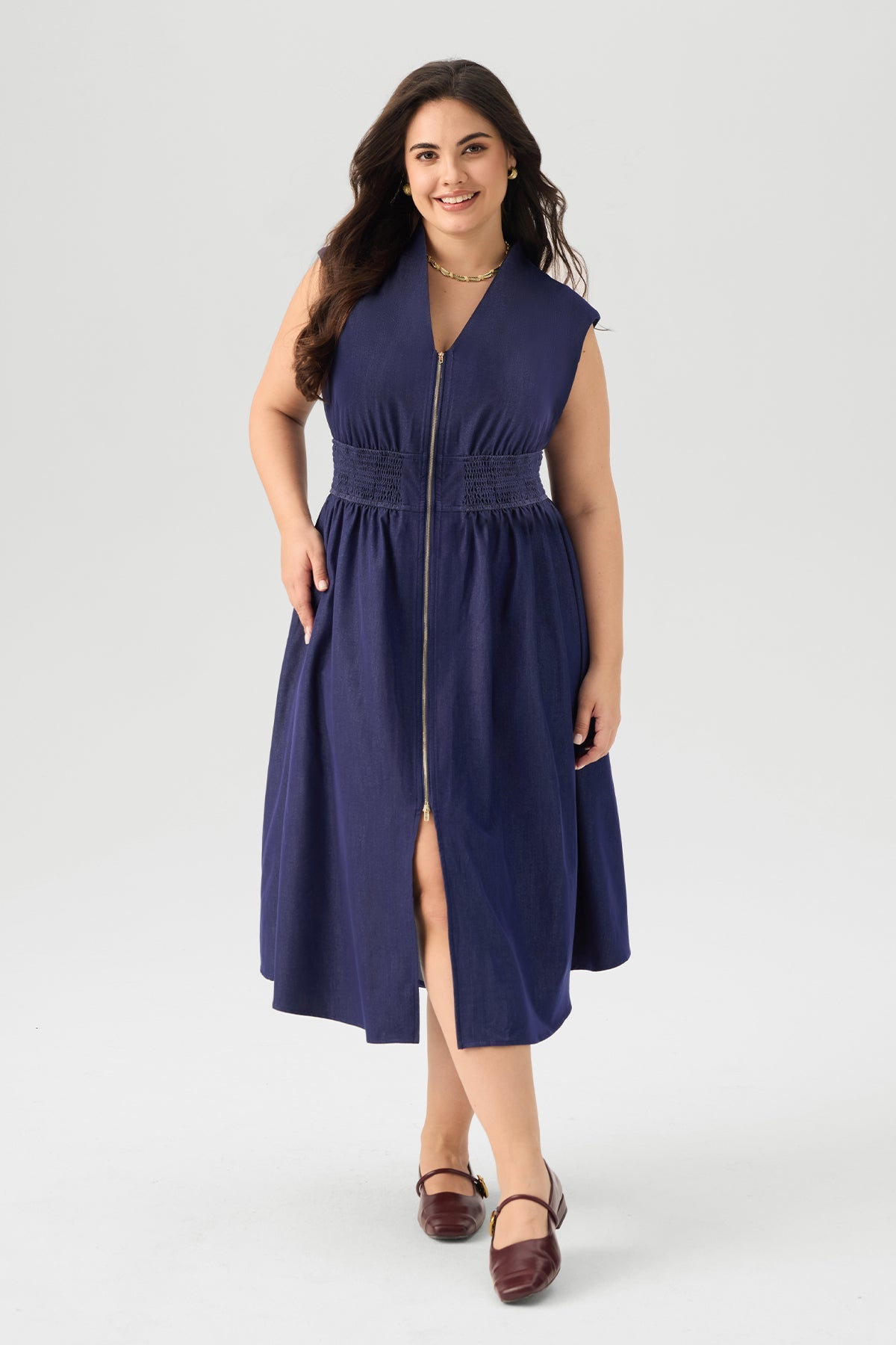 Zip Front Smocked Waist Sleeveless Midi Dress