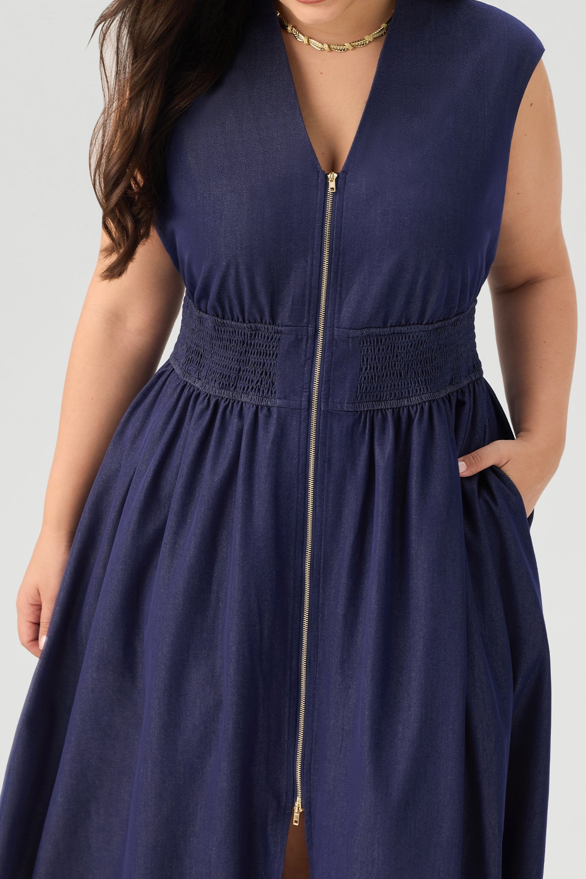 Zip Front Smocked Waist Sleeveless Midi Dress