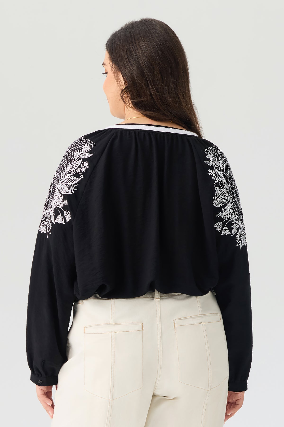 Embroidered V Neck Long Sleeve Blouse
