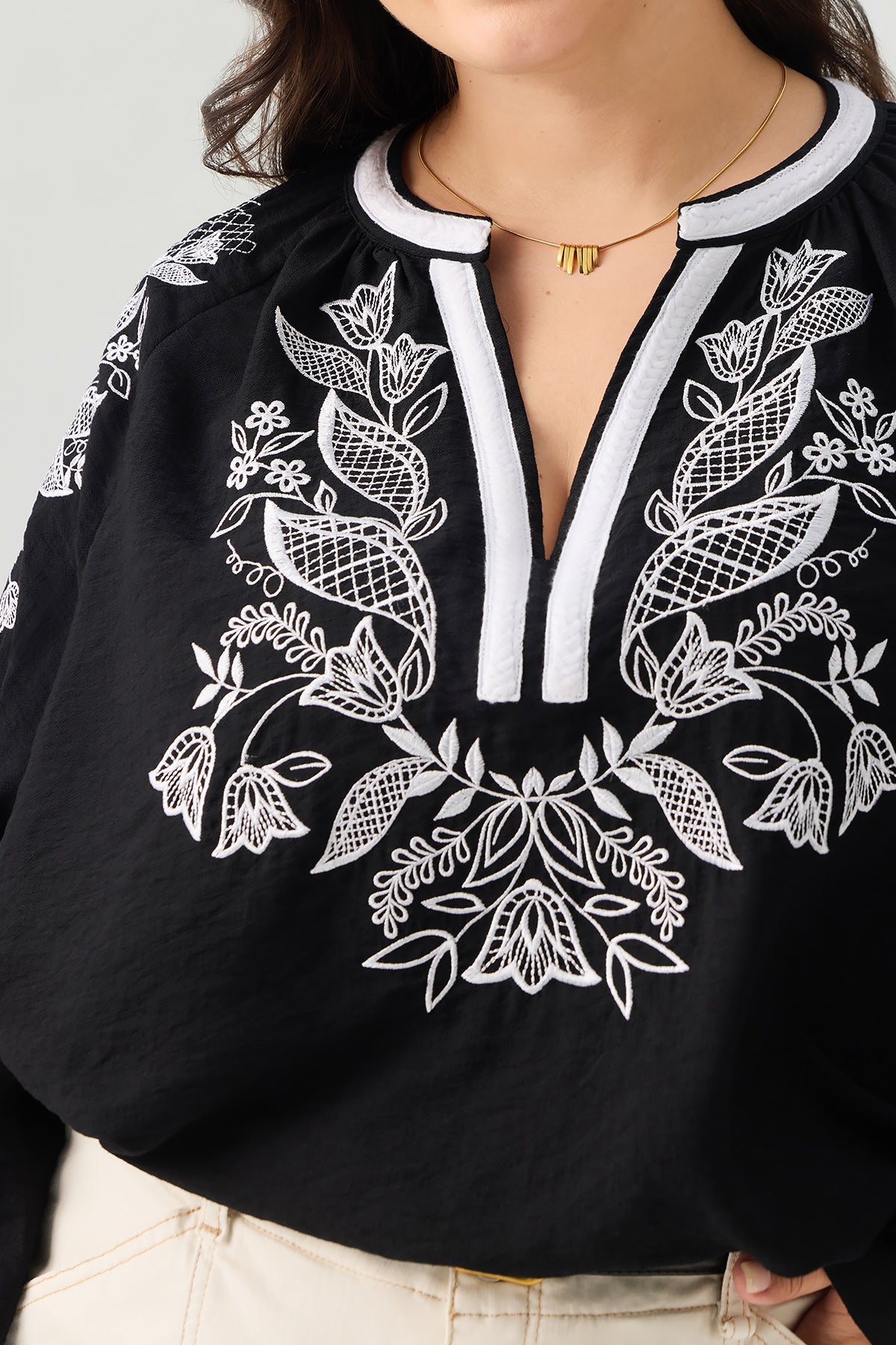 Embroidered V Neck Long Sleeve Blouse