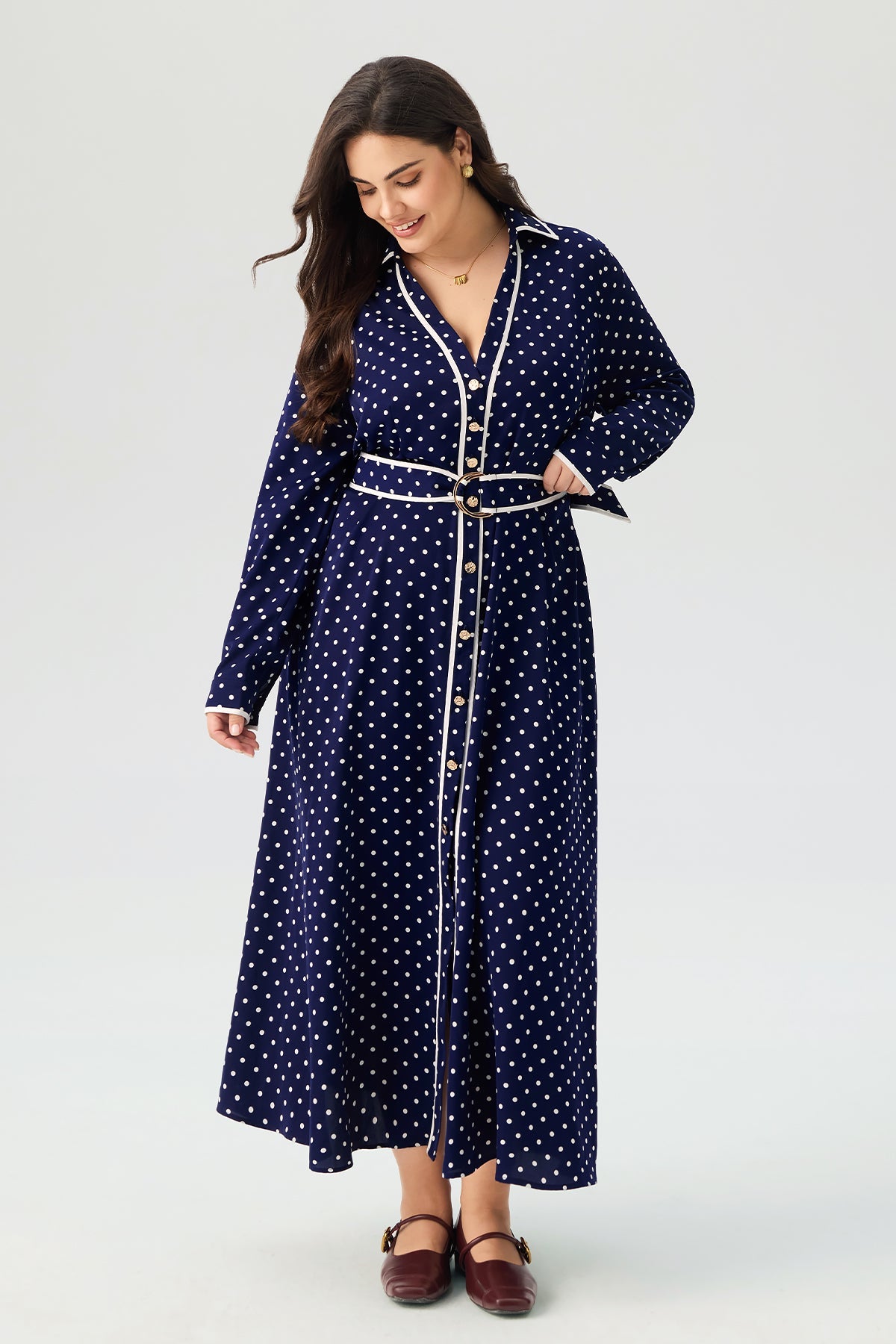 Polka Dot V-neck Long Sleeve Maxi Dress
