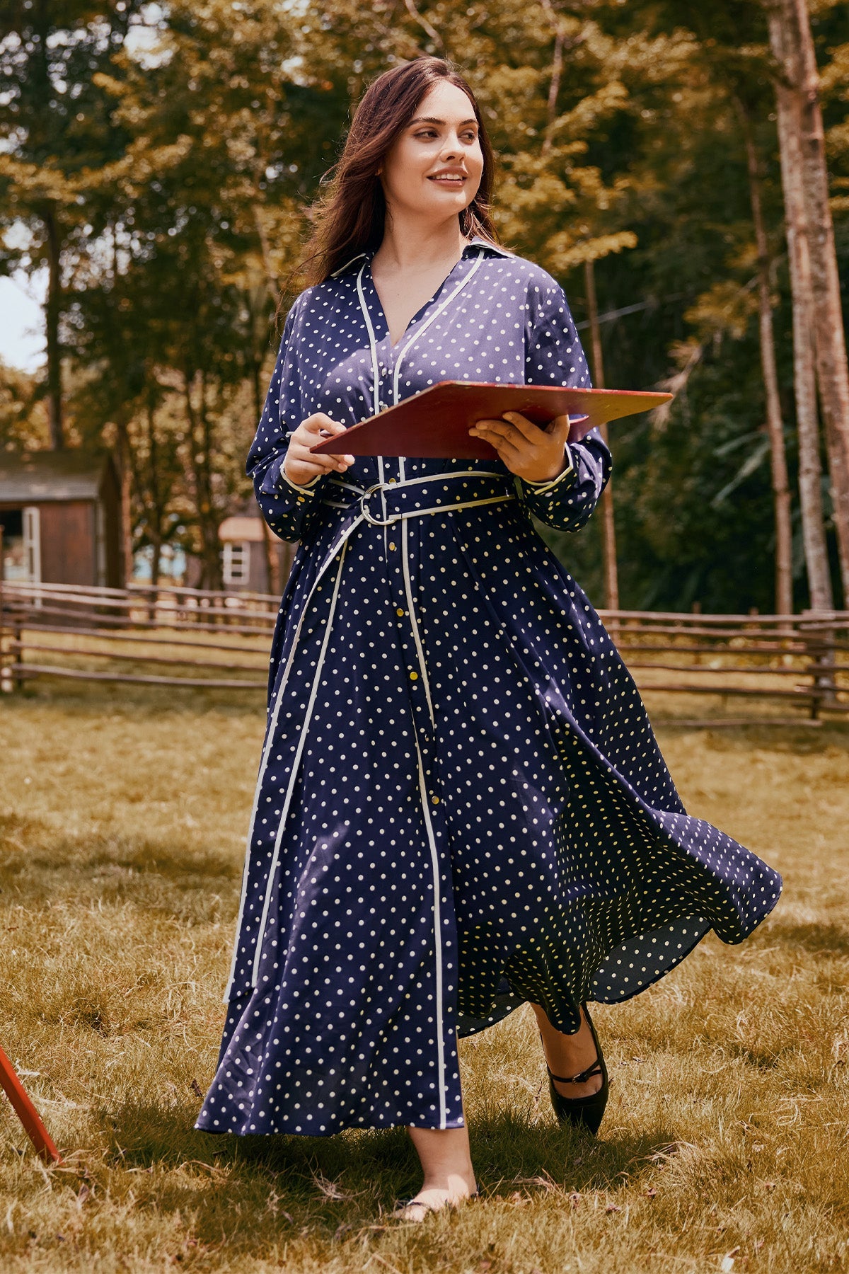 Polka Dot V-neck Long Sleeve Maxi Dress