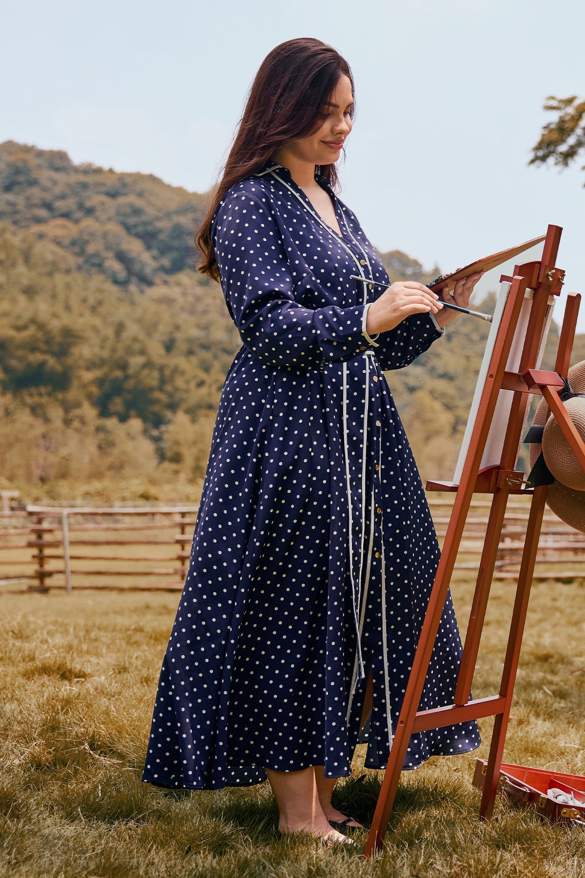 Polka Dot V-neck Long Sleeve Maxi Dress