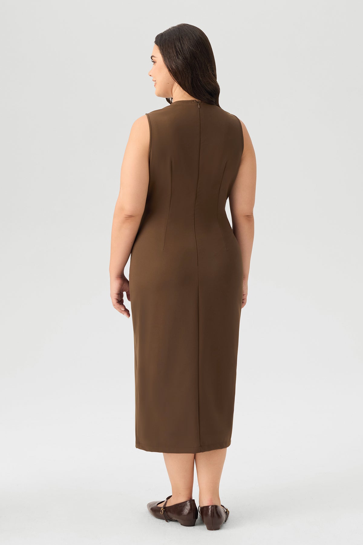 Metallic Decor V - Neck Sleeveless Button Front Belted Midi Dress