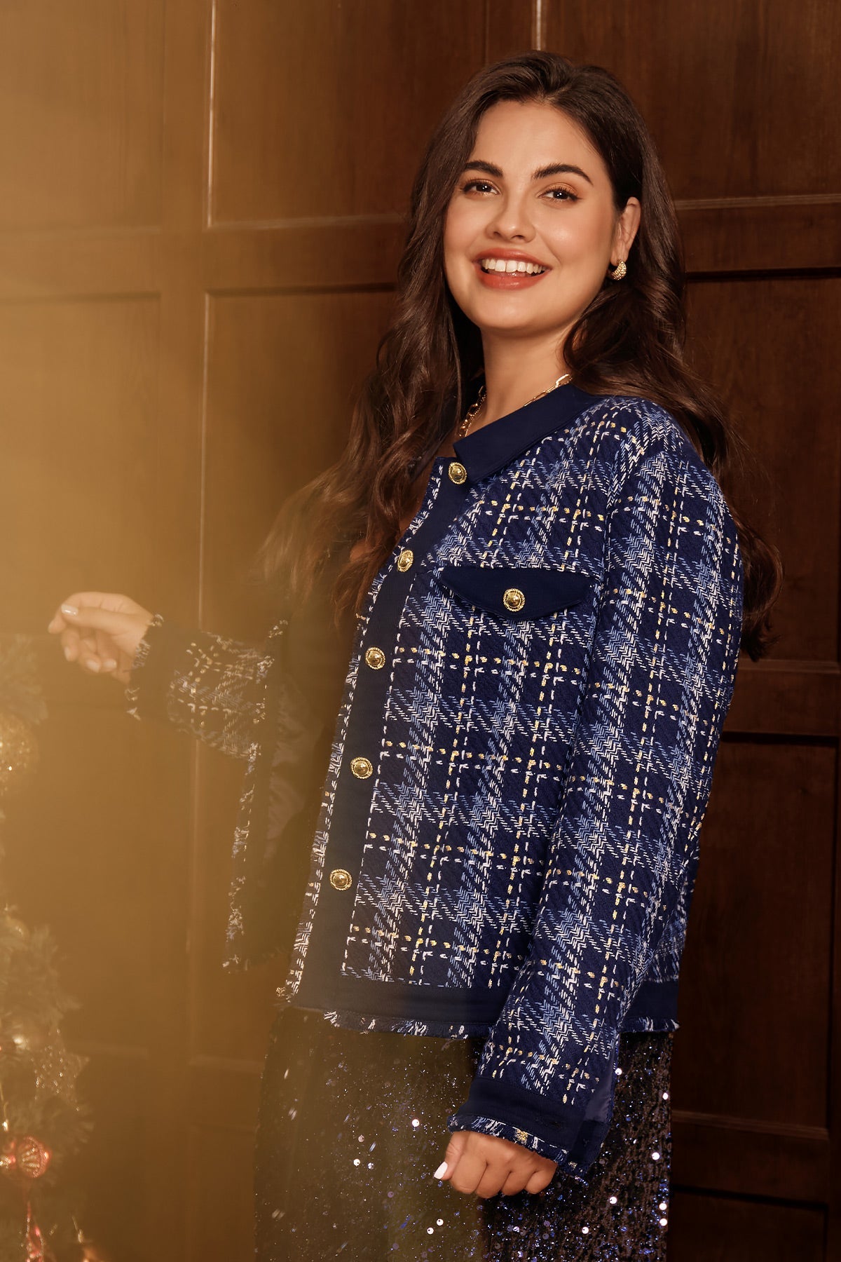 Tweed Style Plaid Button Front Jacket