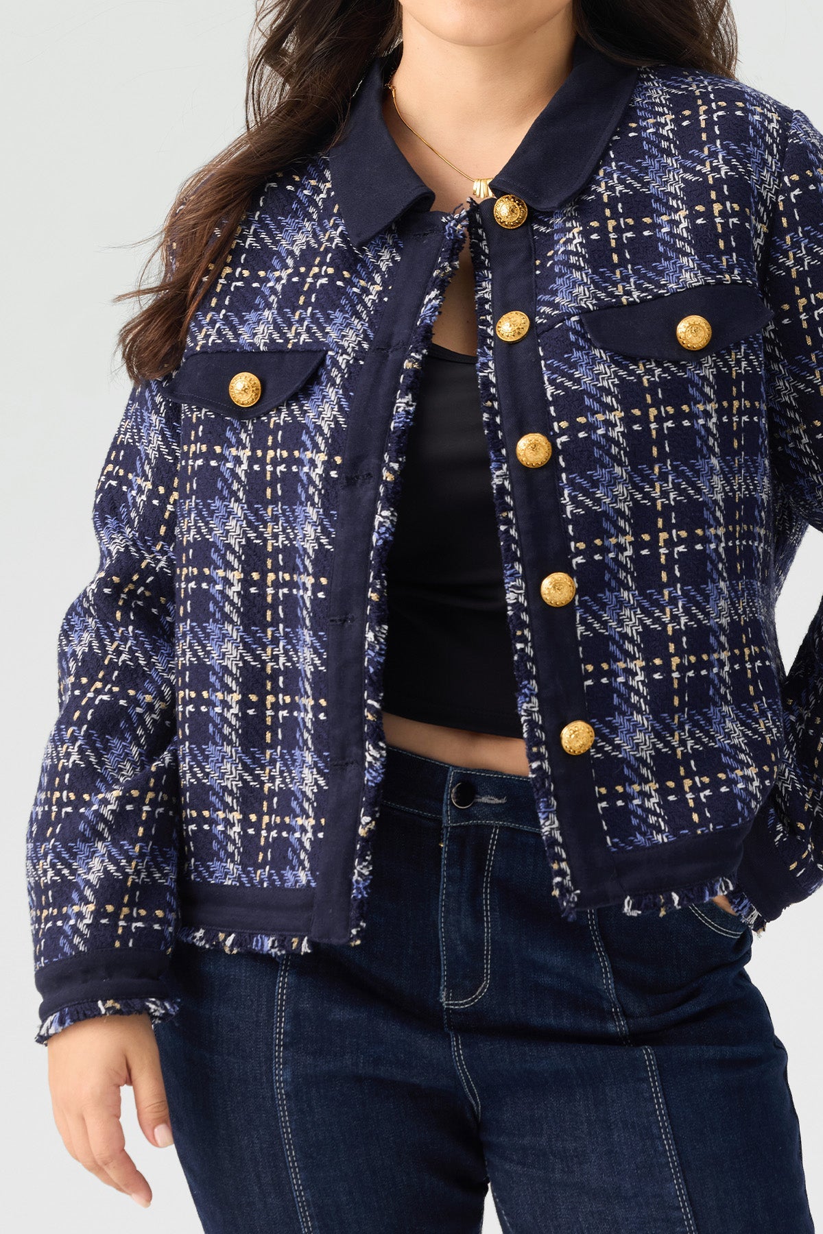 Tweed Style Plaid Button Front Jacket