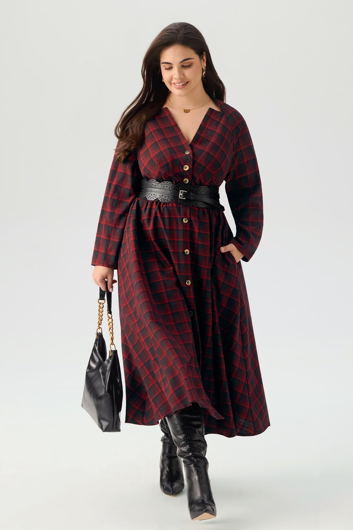 Plaid V Neck Button Front Long Sleeve Belted Maxi Dress