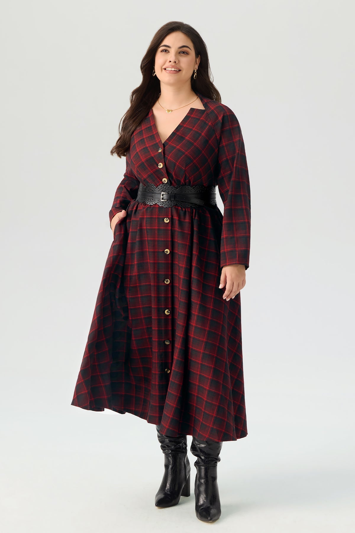Plaid V Neck Button Front Long Sleeve Belted Maxi Dress