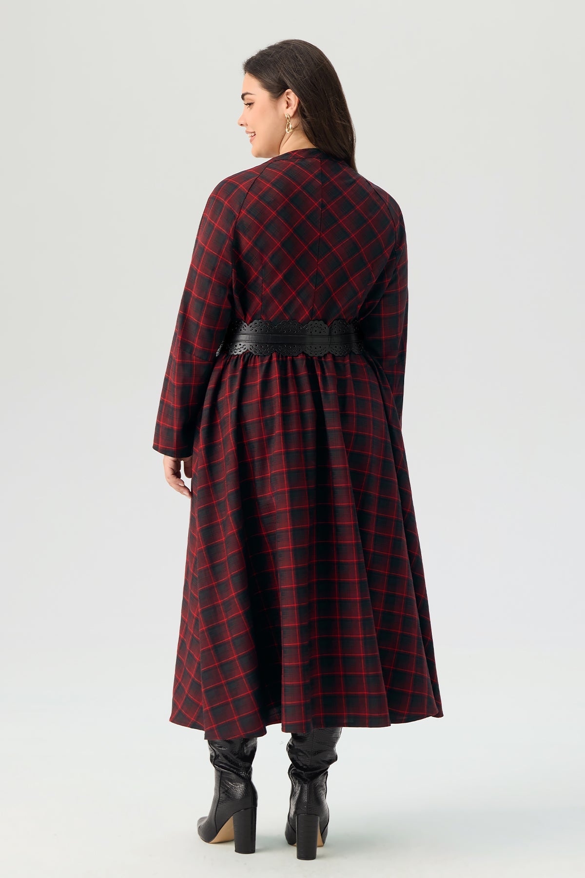 Plaid V Neck Button Front Long Sleeve Belted Maxi Dress