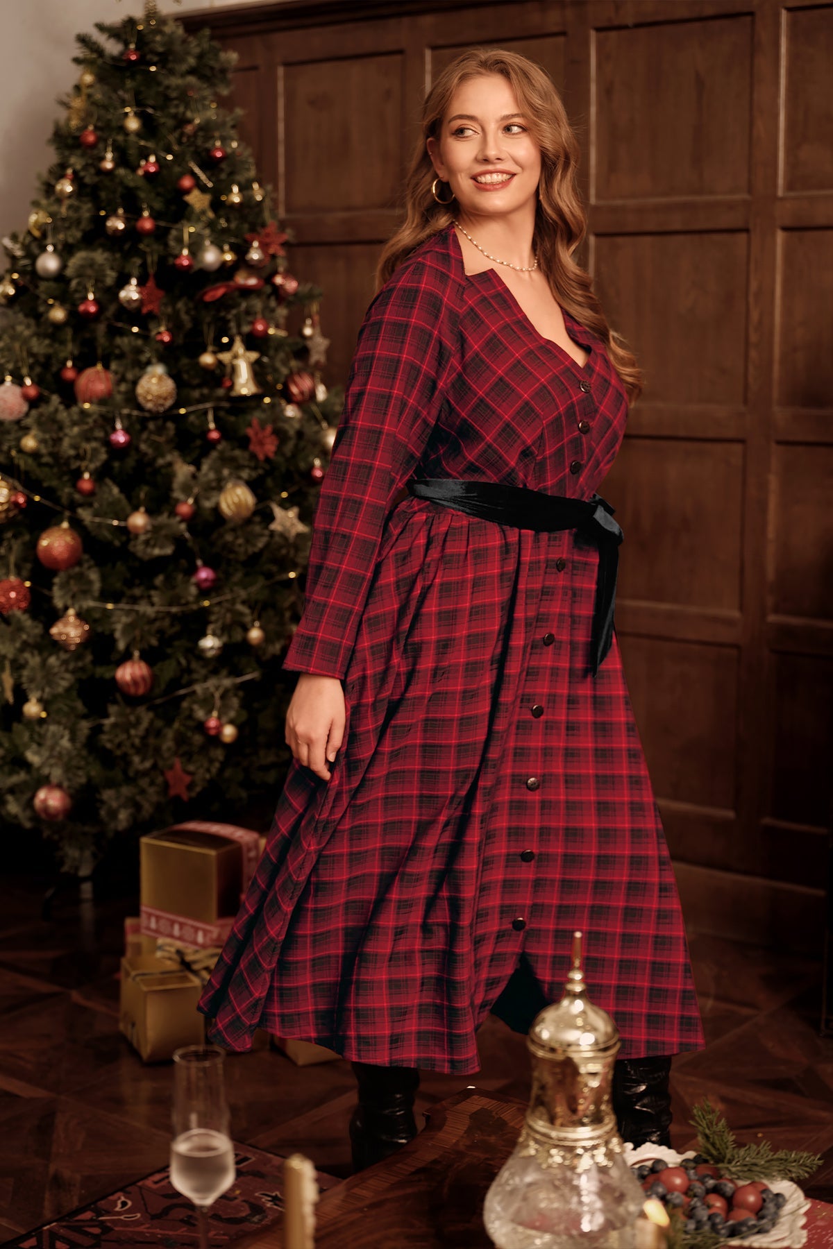 Plaid V Neck Button Front Long Sleeve Belted Maxi Dress