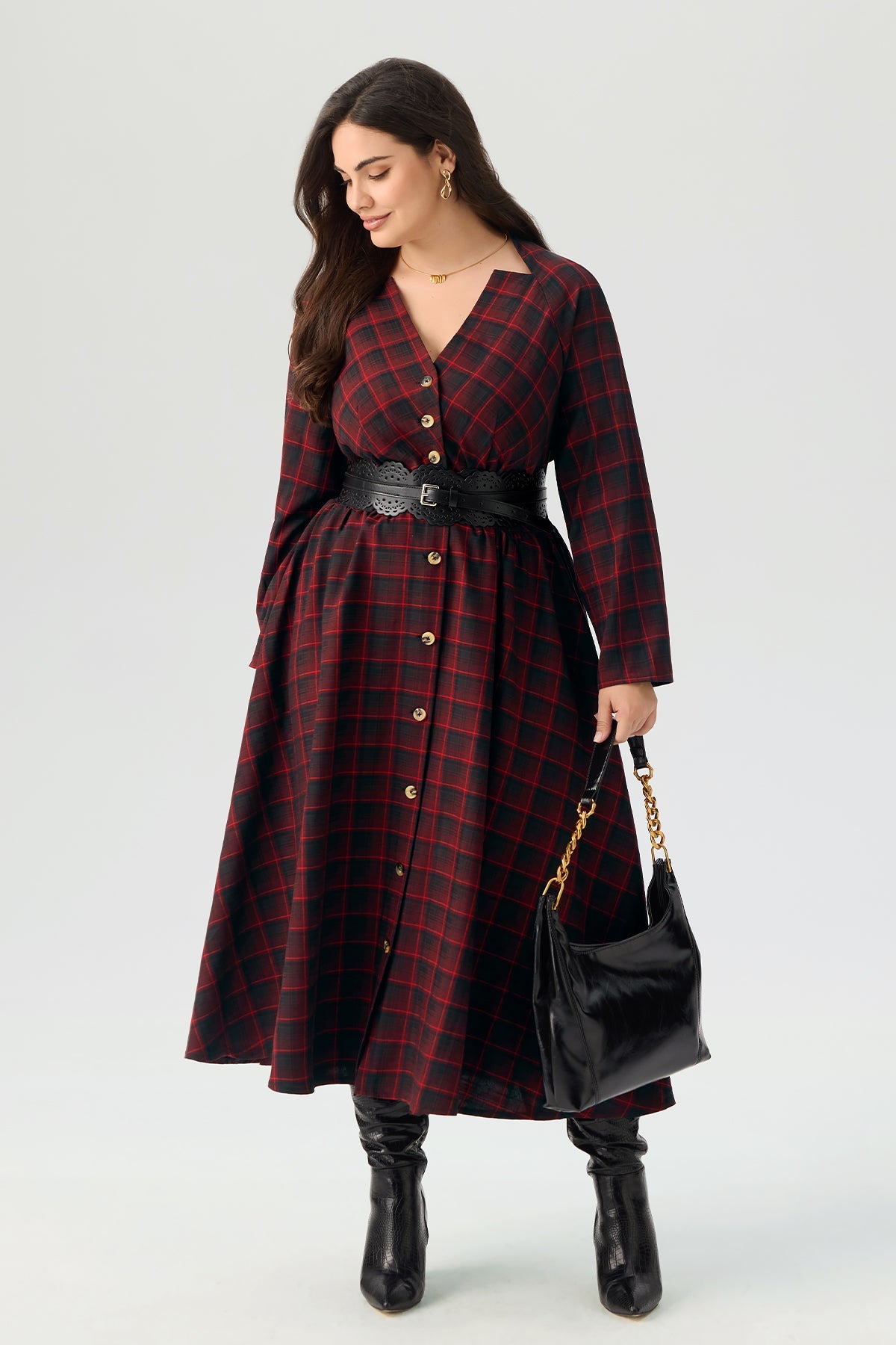 Plaid V Neck Button Front Long Sleeve Belted Maxi Dress