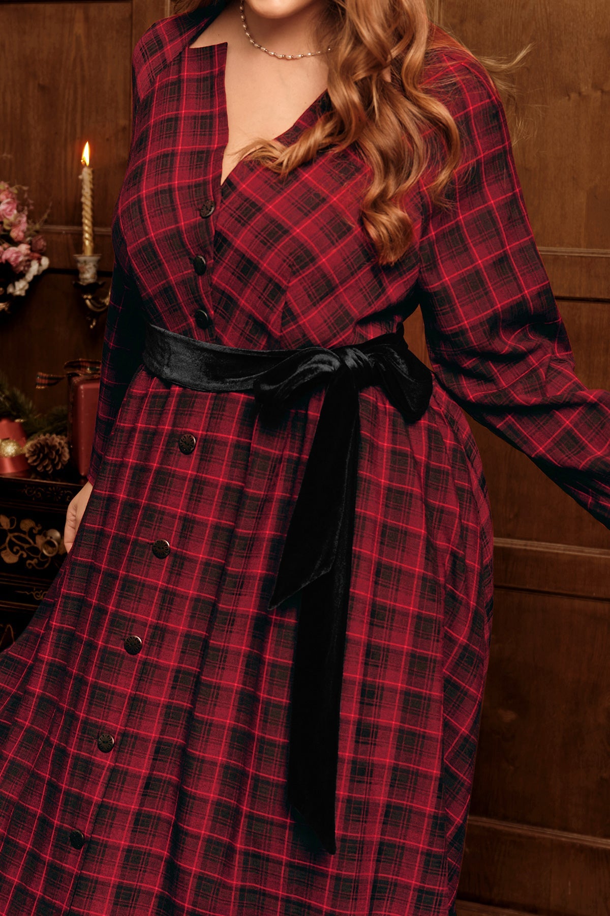Plaid V Neck Button Front Long Sleeve Belted Maxi Dress