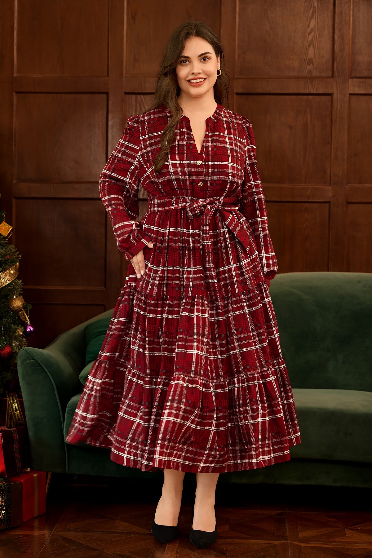 Plaid Notch Neck Tie Pocket Waist Tiered Maxi Dress