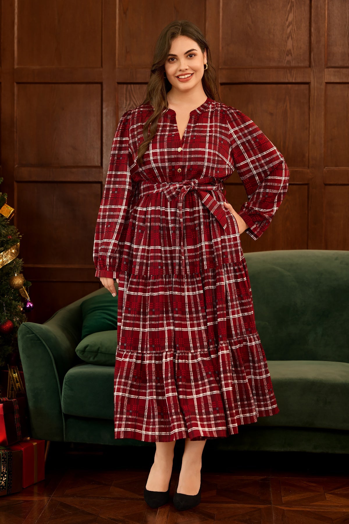 Plaid Notch Neck Tie Pocket Waist Tiered Maxi Dress