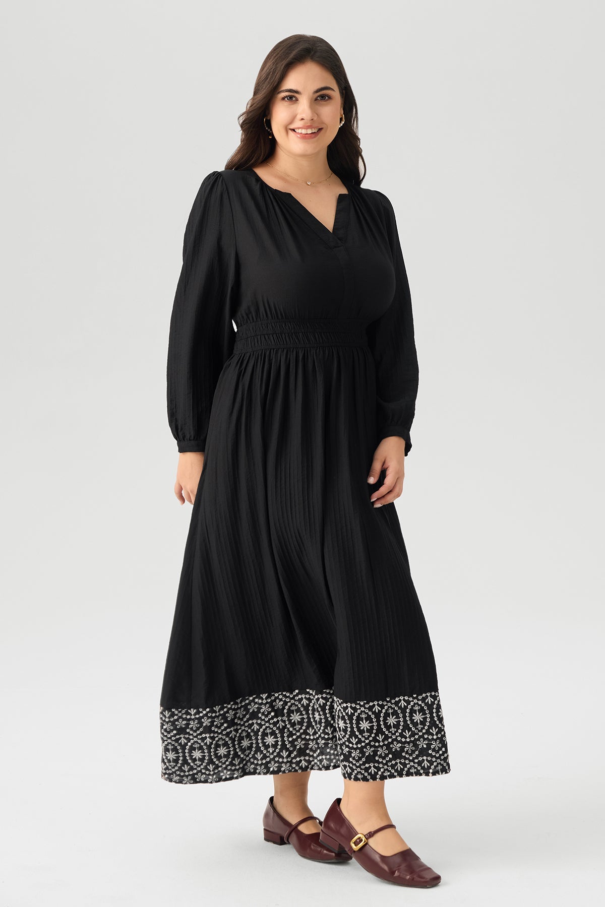 Boho Floral Embroidered Hem V - Neck Smocked Waist Maxi Dress