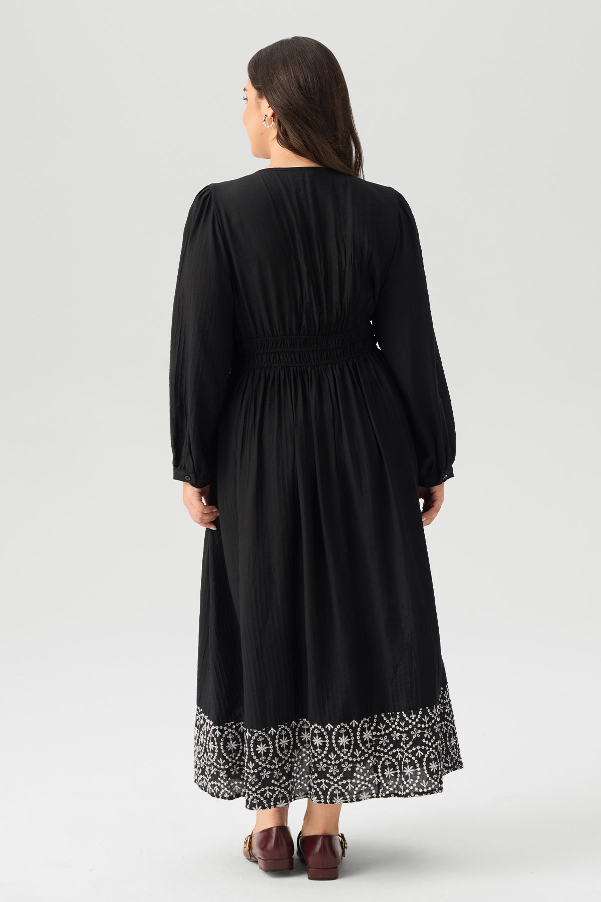 Boho Floral Embroidered Hem V - Neck Smocked Waist Maxi Dress