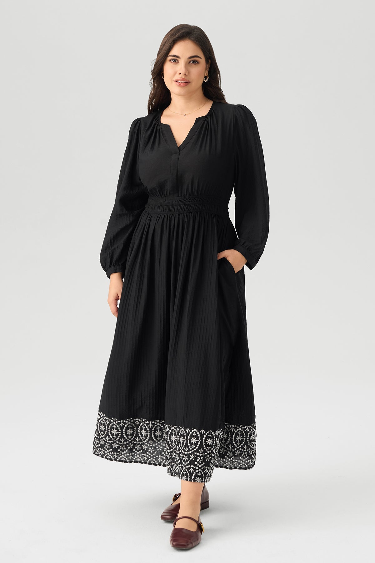 Boho Floral Embroidered Hem V - Neck Smocked Waist Maxi Dress